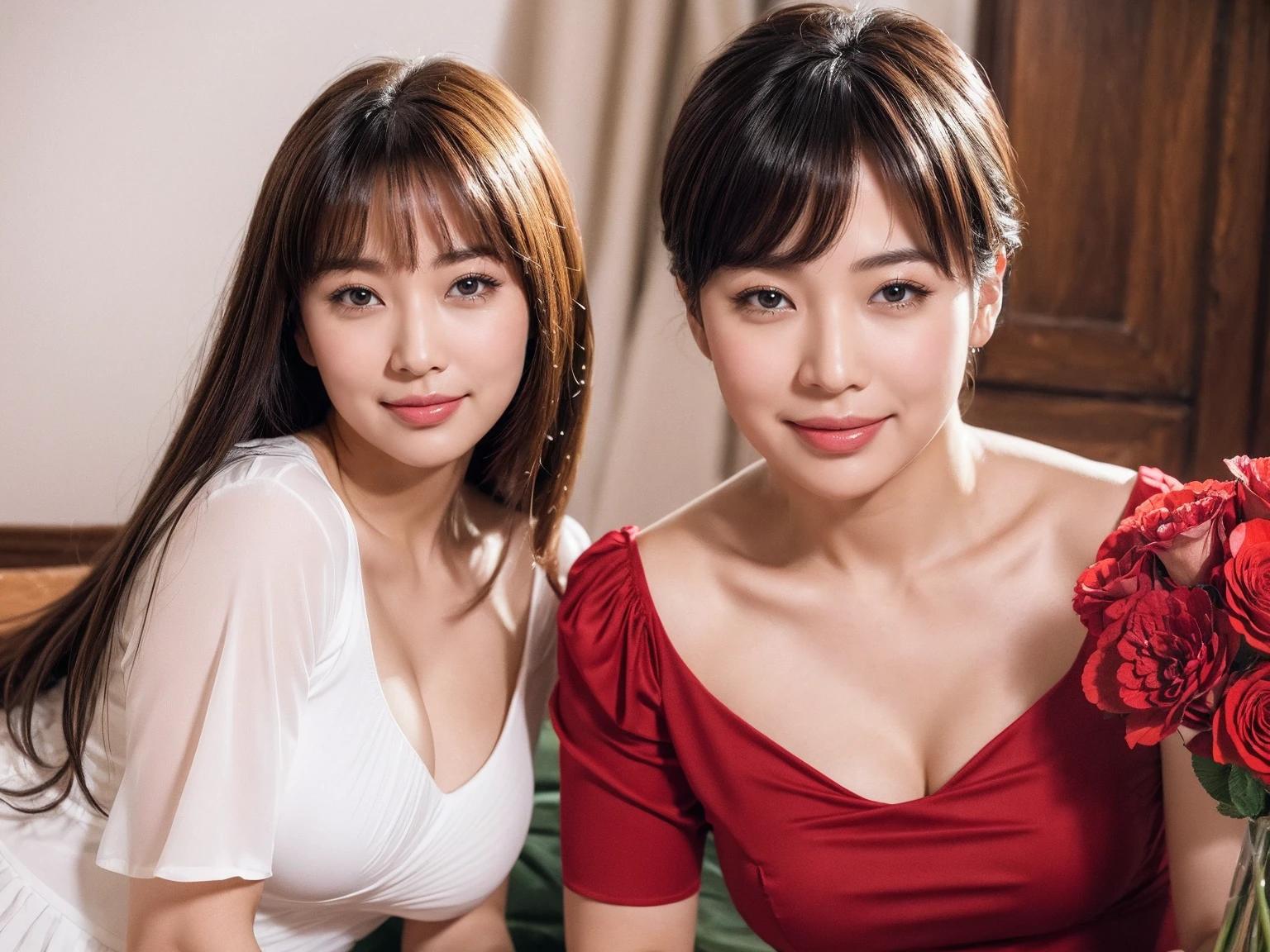 Medium view, medium shot, Depth of bounds written, Charming seductive, 3 people, bust, Upper body, cinematic angle, masterpiece, highest quality, Super detailed, cg, 8k wallpaper, beautiful face, delicate eyes, maiden, alone, smile, bangs, skirt, shirt, have, Crimson dress, bow, petal, bouquet