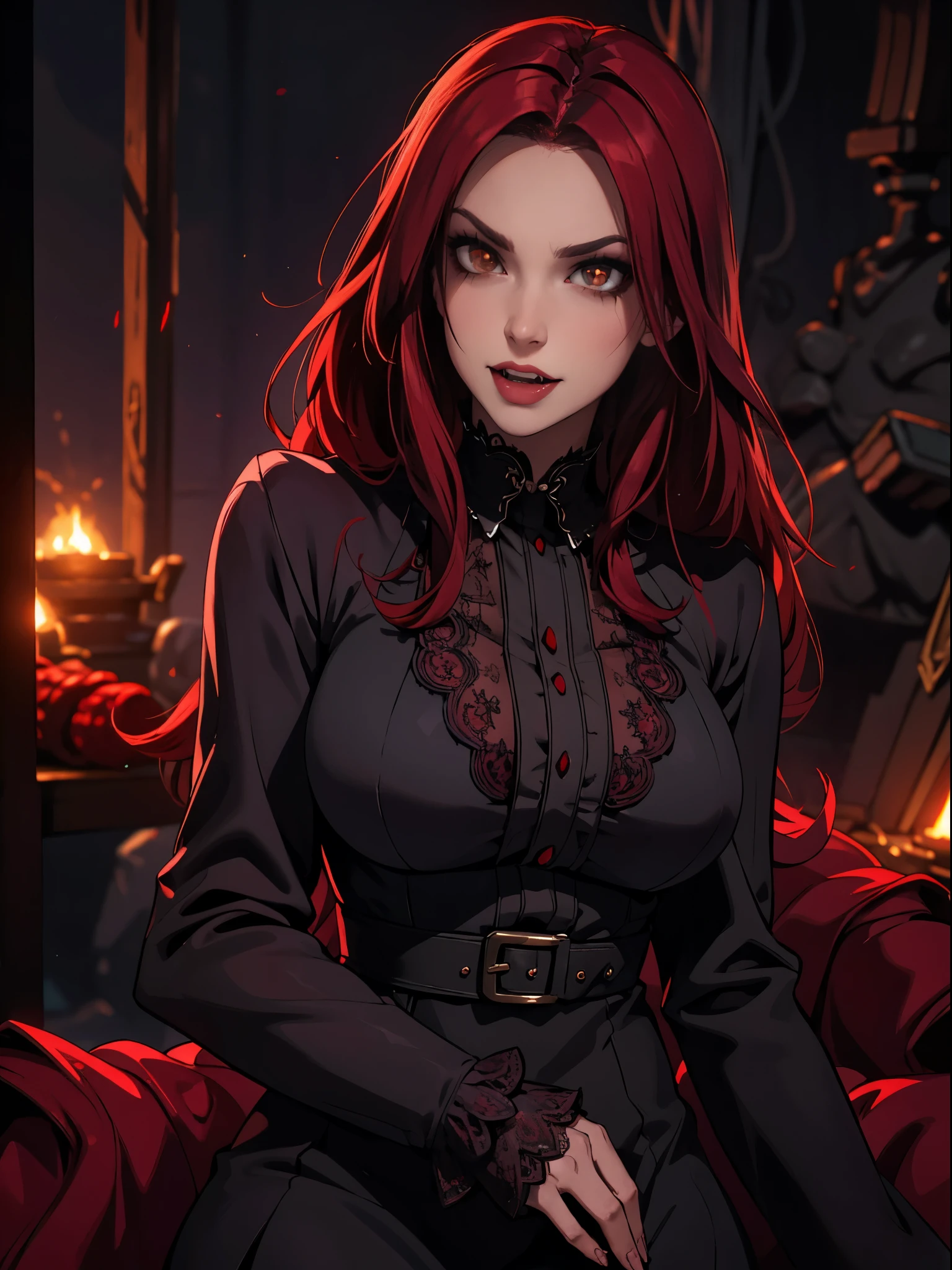 High vampire female, goth Renaissance, red hair, long hair, intricate, dark dress, glowing eyes, fantastical, vampire, fangs, hyper detailed, 32k resolution, volumetric lighting, hyper detailed, intricately detailed, Unreal Engine 5, volumetric lighting