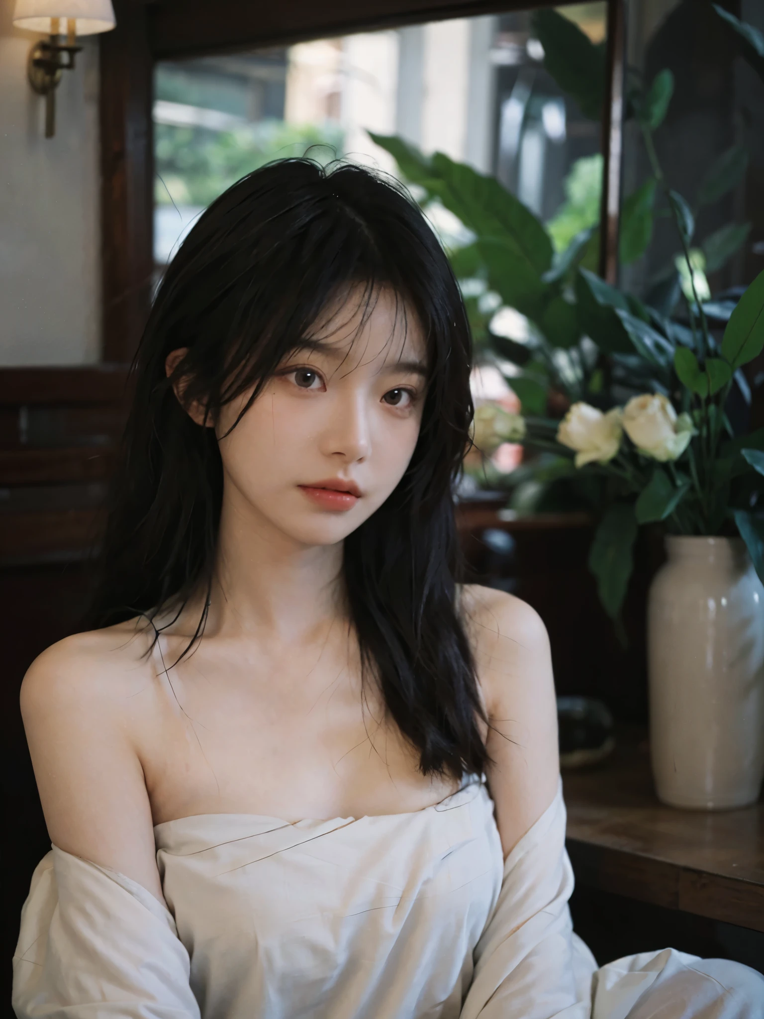 Film portrait photography, 1 girl, bare shoulders, Shoulder length wavy hair, serene, calm, (Realistic and detailed eyes, natural skin texture, Realistic facial details), Soft dramatic lighting, depth of field, Bokeh, Vibrant details, Detailed and detailed, Surrealism, 35mm film, hazy, ,