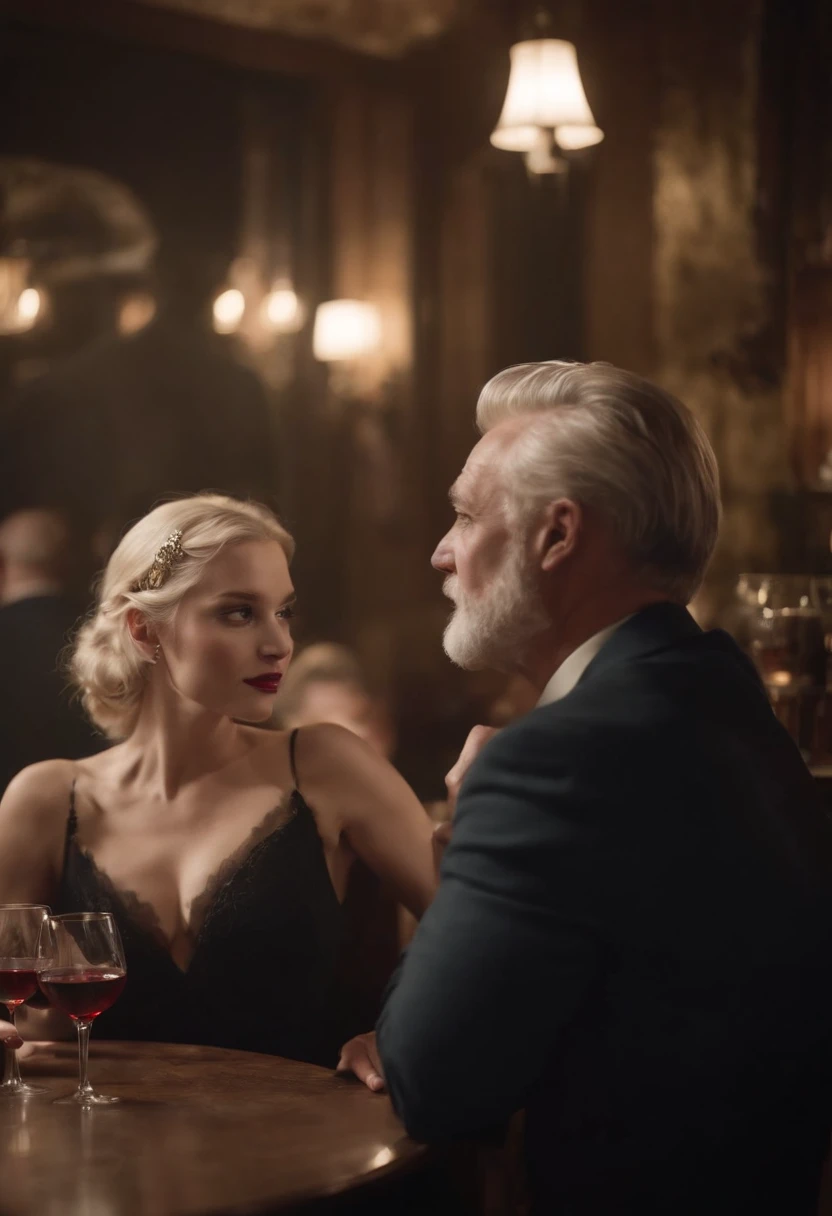 In a dark pub 1 blonde girl with High hells and 1 older man with venetian masks, drink wine. On the background 1 man watch them from another table