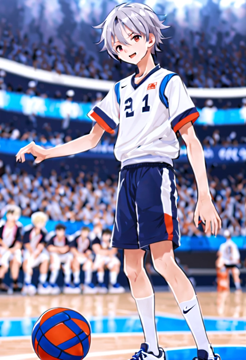 Wallpaper phone，masterpiece，best quality，8K quality，无与伦比的clear度，full body character，panoramic， delicate face，full body character，telephoto lens，Delicate fingers，a boy，sports student，Handsome boy，Volleyball player，Lovely，，Shota，anime characters，Wear white super shorts，heterochromatic eyes，look at the audience，giggle，Male focus，Gray hair is messy，White gym clothes，standing posture，white socks，Nike basketball shoes，athletic stadium background，clear