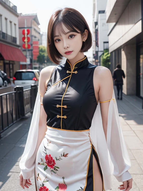 (((very detailed , 8k wallpaper, masterpiece, High resolution, highest quality))), ((Beautiful woman, Model-like posture, acrobatic pose,fighting pose,)),((Chinese dress style idol costume, Cute colorful pattern and sexy slit＆sexy costume.):1.5),(Chinese dress style idol costume:1.4),
(Cute colorful frills and sexy slit＆sexy costume.:1.3), ((very detailed顔, very detailed black eyes, extra detailed body, highest qualityのリアルテクスチャスキン)), (Short Bob Cut Hair, white skin,), (Chinese style wall), surreal, digital paint,