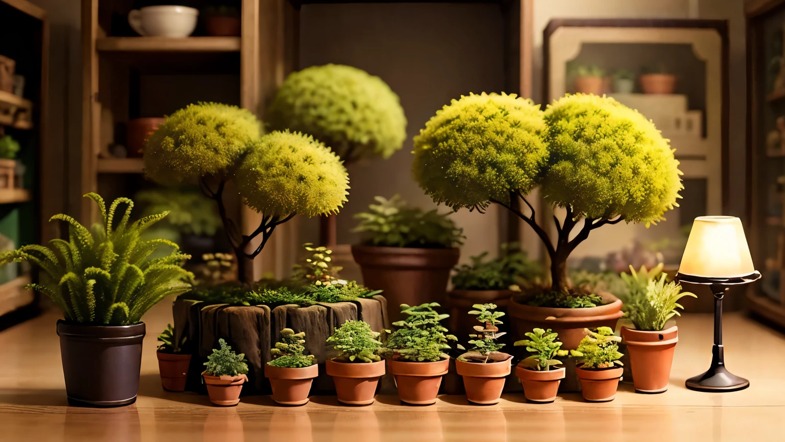 (pixer style)、(((multi hobby room、Beautifully displayed collection、Foliage plant:1.3、many people:1.1)))、one girl、Miniature Figure Models, Right-to-left light source, Rambrandt Lighting, Right-to-left light source, (Isometric drawing), (top down), realistic scale, Post-processing, ((Orthogonal perspective)), Super detailed, realistic, 超realistic, realistic rendering, slightly dim lighting、perfect blurred background、professional photographer