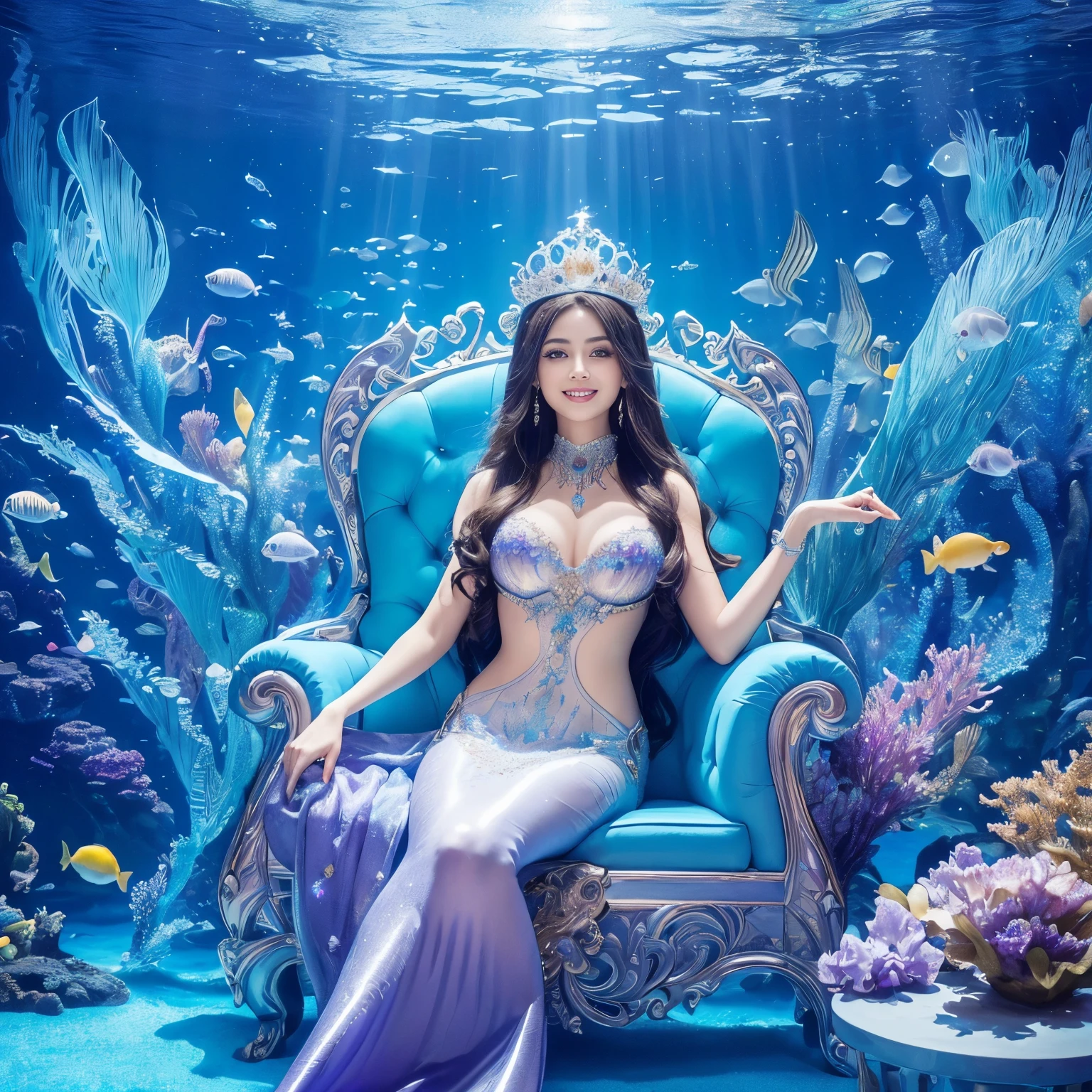 (highest quality、table top、8K、best image quality、hyper realism)、(Goddess wearing the most extravagant and luxurious finest goddess dress:1.2)、(A princess wearing the most extravagant and gorgeous goddess dress:1.2)、(The most luxurious and finest transparent sleeve:1.1)、(Sitting on the most luxurious and finest giant bed:1.25)、(upper body photo:1.1)、(The wall of the room is a huge high-quality aquarium:1.2)、(A huge, highly detailed aquarium of the highest quality:1.3)、(Surrounded by a huge aquarium of the highest quality:1.2)、(The most detailed depiction of a gigantic aquarium made of the most beautiful crystal that shines fantastically.:1.2)、(Surrounded by the most luxurious and magical giant aquarium made of the finest purple crystal.:1.2)、(The most detailed depiction of sea creatures in a huge aquarium:1.2)、(The most magical dome-shaped luxury princess room that shines brightly.:1.2), (There are many beautiful corals and shells in the room.)、(the biggest smile when you look at me:1.2)、Wavy brown hair、Complex, Finely shining scales、(Finest Huge Jewelry Decoration:1.1)、The most gorgeous high-end princess costume、the most luxurious decoration、全身にComplex宝石が施されている、Describe her face in detail、Giant tiara、Clear and detailed background、(Everything is a fantastic and glittering background:1.1)、(accurate anatomy:1.1)、(The most luxurious and huge finest jewelry decoration:1.1)