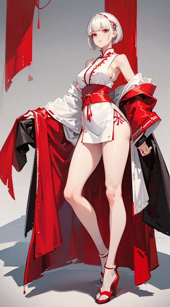 a girl,white short hair,Wearing red and white Hanfu,Leaking out of the thighs,huge ,slender waist,wearing high heels,full body display,Standing posture,Look ahead,Red and white background。