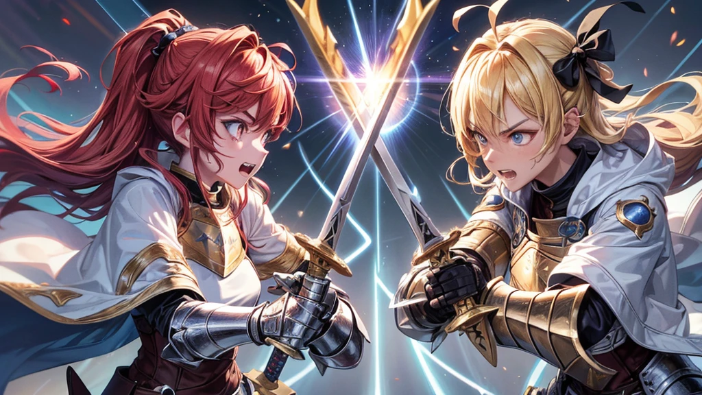 masterpiece,8k,best quality,ultra detailed,ultra highres, (((A male paladin and a female knight are dueling with swords))), (holding a fire sword), (rage:0.6), blonde hair, blue eye, straight hair, (fire:1.1), (((Burning-Edge:1.2))), (sunrise), (((arena))), (Shimmering Nightscapes), (Radiant Flares:1.2), (((speed lines:1.6))), (((from slightly above:0.7))), (((fighting stance))),(((bleeding:0.8))), (((clench one's teeth))), (((lens flare)))