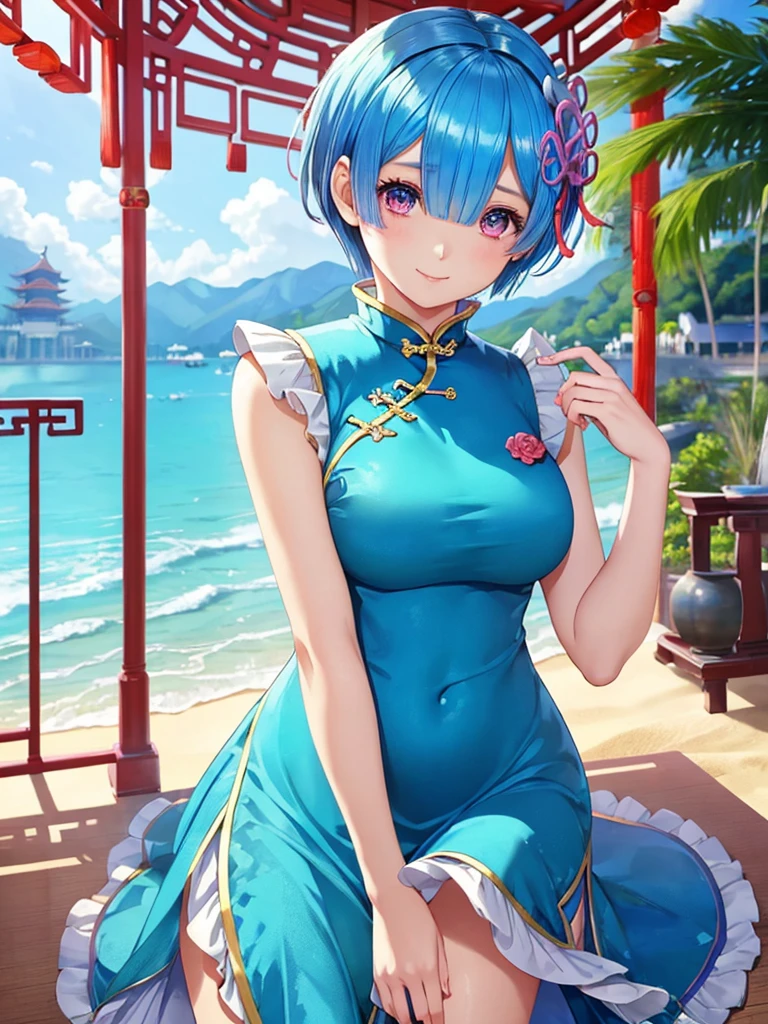 masterpiece, highest quality, Super detailed, ((Rem,Re Zero,blue hair,short hair)),innocent smile,attractive, feminine, cute,with ruffles, attractive, stylish, ((Chinese style dress))cheongsam clothing, glamorous, shine,adorable, wonderful , ((Beachy)), cute,