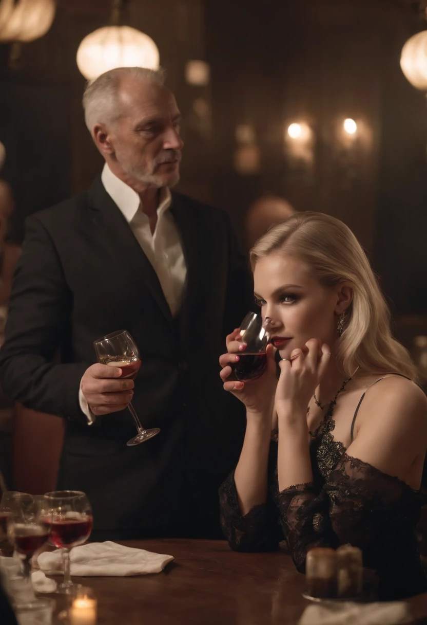 In a dark pub 1 blonde girl with High hells and 1 older man with venetian masks, drink wine. On the background 1 man watch them from another table, Cuckold, sex, hotwife, date