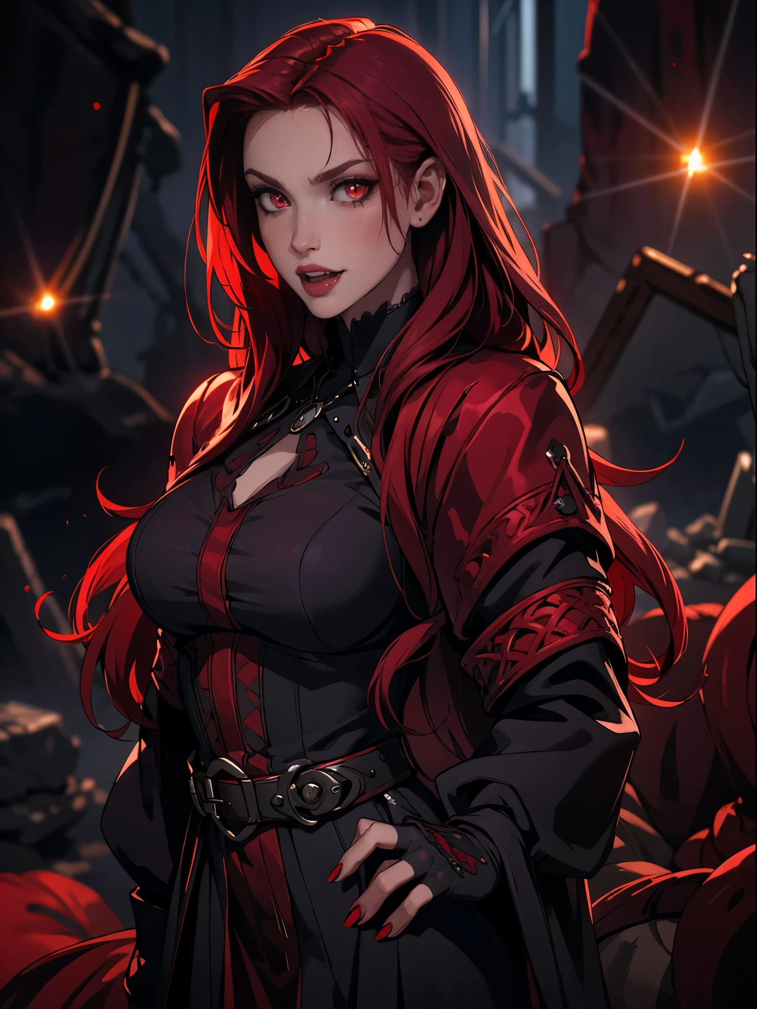 High vampire female, goth Renaissance, red hair, long hair, intricate, dark dress, glowing eyes, fantastical, vampire, fangs, hyper detailed, 32k resolution, volumetric lighting, hyper detailed, intricately detailed, Unreal Engine 5, volumetric lighting