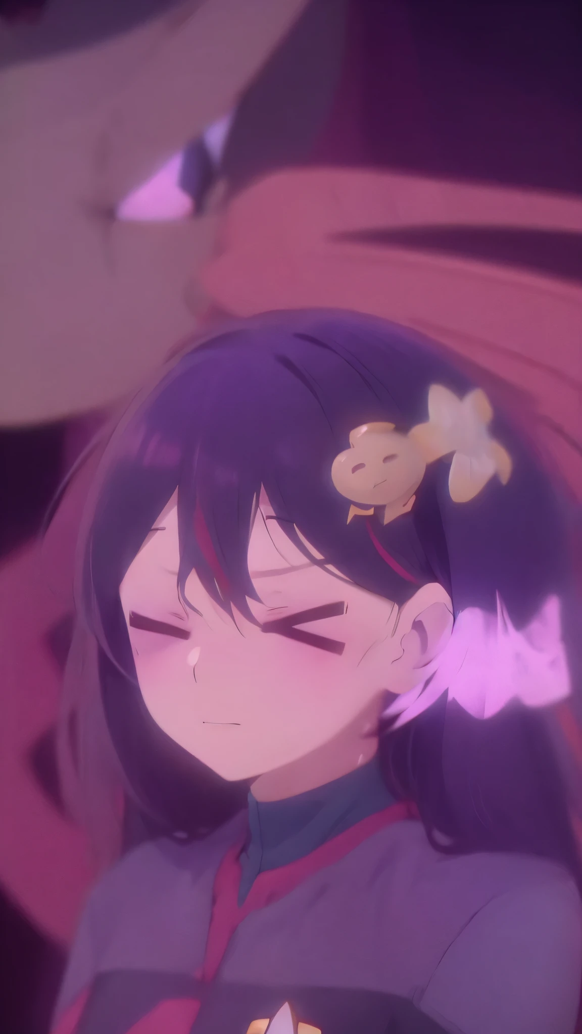 Hoshino Ai, long hair, purple hair, streaked hair ,purple eyes, star-shaped pupils, hair ornament, esyes closed hurt expression ds9st uniform