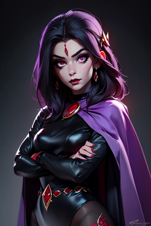 (Best Quality, 8k, Masterpiece, UHD), (Photo of Attractive Caucasian Gothic model Woman with tattoos), solo 1Girl as Raven, ((gemstone on forehead)), heavy makeup ,  cape, choker,very pale skin,Ultra Detailed Face, Detailed Lips, Fine Eyes, black lipstick, Fine Eyes