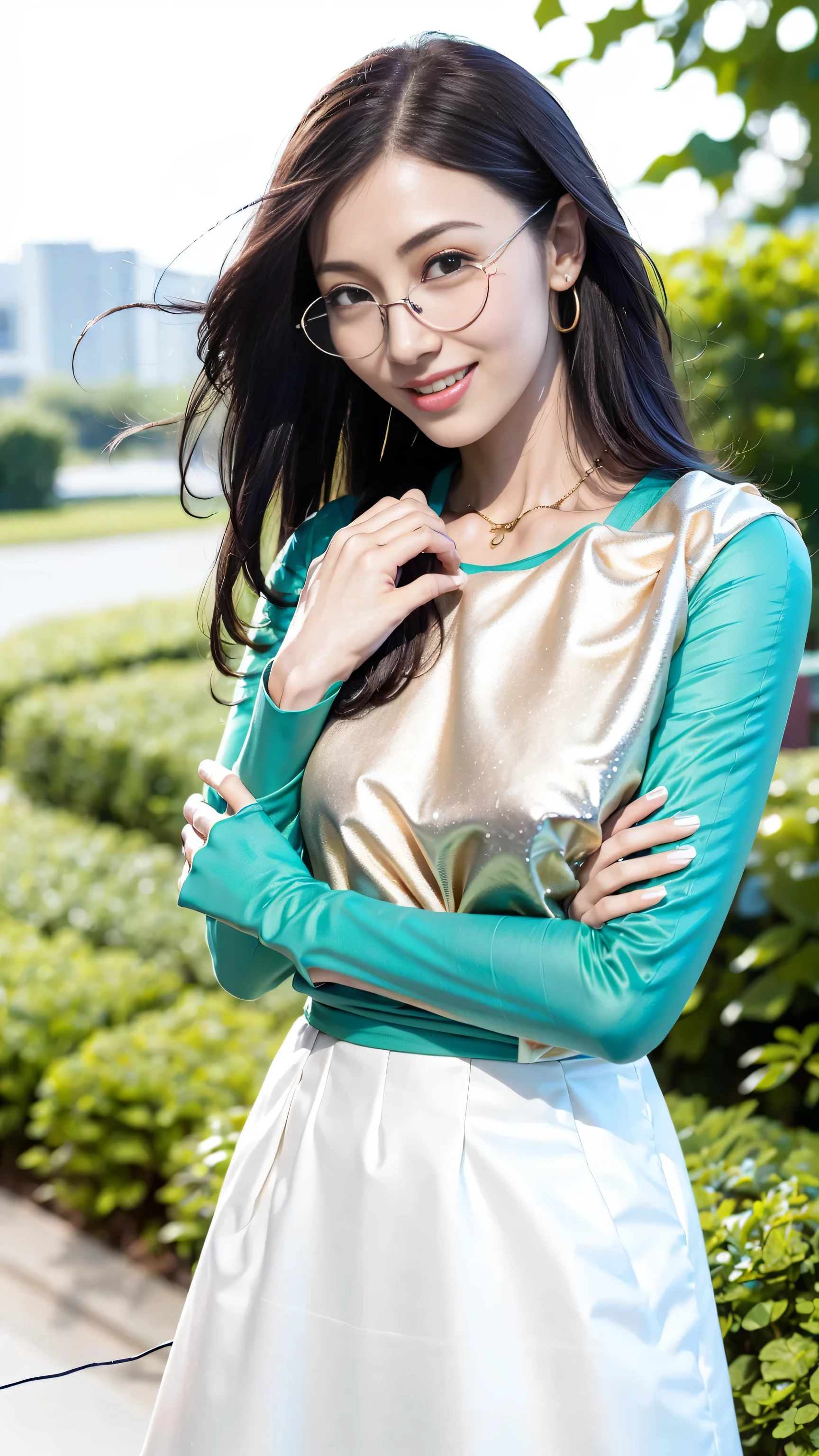 look at this and smile、Under the blue sky in midsummer、White casual clothes、best quality、Masterpiece、real picture、intricate details、original photo、super detailed、delicate face、delicate skin、8K masterpiece、((1 girl))、((alone))、18 years old、((gold-wire glasses))、CG social trends、((long black hair))、((beautiful woman))、(a smile)、Top Teeth、fashionable、hair blowing in the wind、((flowing hair))、fashion magazine、((a sexy))、((like the same light)、((indirect lighting)、、(gender)、grinning、(looking from a distance)