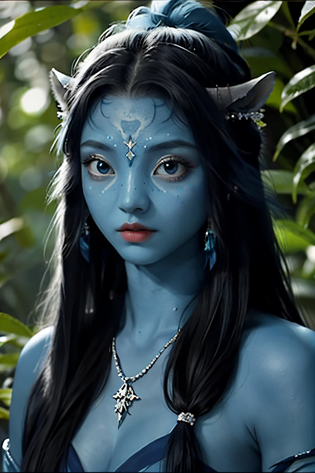 blue skin，Avatar，long hair，big eyes