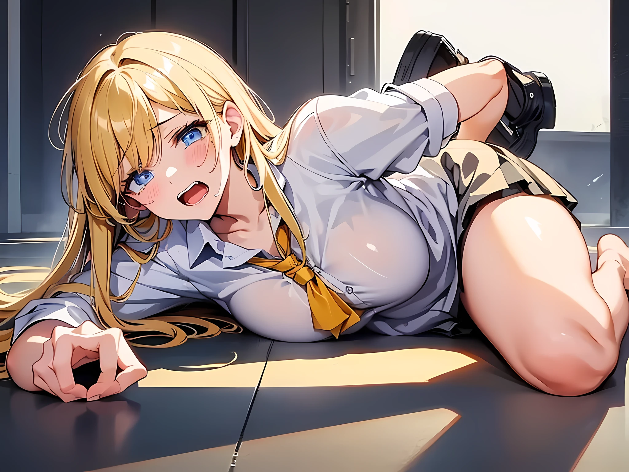 1 girl being raped by a man from behind, wearing white shirt and black skirt, laying down on floor, crying loudly, open mouth, sad facial expression, blonde hair, long hair, face to detail, detailed eyes, closeup illustration, perfect hands