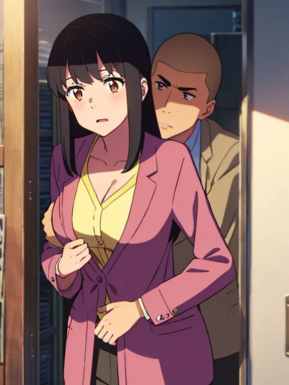 shinkai makoto, kimi no na wa., 1boy, buzzcut,office suit, boy caressing girl's body, boy is hugging from behind, ear biting 1girl, bangs, black hair, brown eyes, Twisted Half Up, red ribbon, long hair, long sleeve light pink cardigan, open shirt, yellow shirt, cleavage, breast, medium breast, storage room, indoors, masterpiece, perfect anatomy, cowboyshot