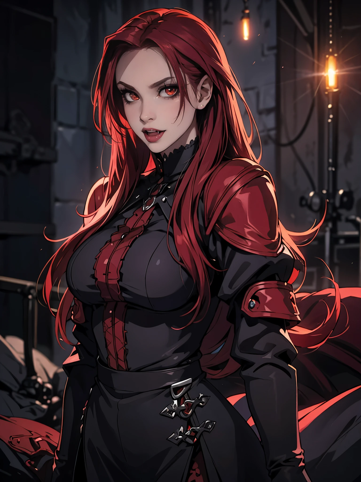 High vampire female, pale, goth Renaissance, red hair, long hair, intricate, dark dress, glowing eyes, fantastical, vampire, fangs, hyper detailed, 32k resolution, volumetric lighting, hyper detailed, intricately detailed, Unreal Engine 5, volumetric lighting, no background