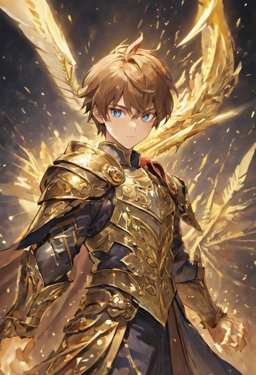 In a world of magic and dragons, A knight stands out in modern gilded armor. His brown hair is neatly combed, His blue eyes sparkled with determination. He holds a warhammer in one hand,The other hand holds a shield, Be ready to face any challenge. his cloak, Trimmed with gold, Adding a touch of elegance to his otherwise battle-ready appearance.