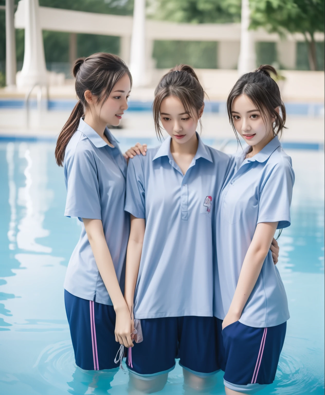 3 girls in the swimming pool, Navy blue short-sleeved shirt,Navy Long Trackpant,Sweatpants, Sweatpantsขายาว,25 year old girl, lesbian, sexy, exercise clothes, wet body, exercise clothes