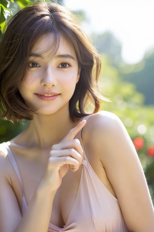 (RAW photo, highest quality), naked, Sheer Dress, tight waist、necklace, 、very delicate and beautiful, soft light, (brown hair, short hair swaying in the wind, bangs), beautiful detailed girl, (finger details), highly detailed eyes and face, beautifully detailed nose, beautiful and detailed eyes, 1 girl, Japanese, Neat beauty, cute, young, smile, , (medium breasts), realistic face, realistic body, From navel to head、naked, The hair on the skin shines、mole on face and chest、dress swaying in the wind、stare at the camera、smile、tight waist、garden、Bokeh
