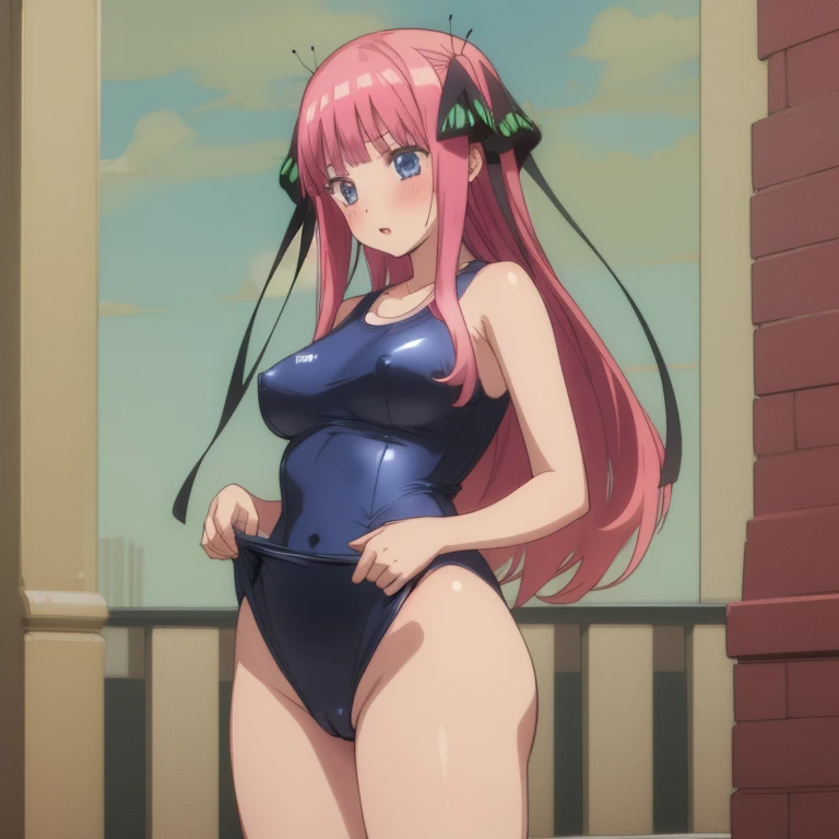 masterpiece, best quality, ultra detailed, best illustration, nsfw, 1girl, one-piece swimsuit, nakano nino, pink hair, butterfly hair ornament