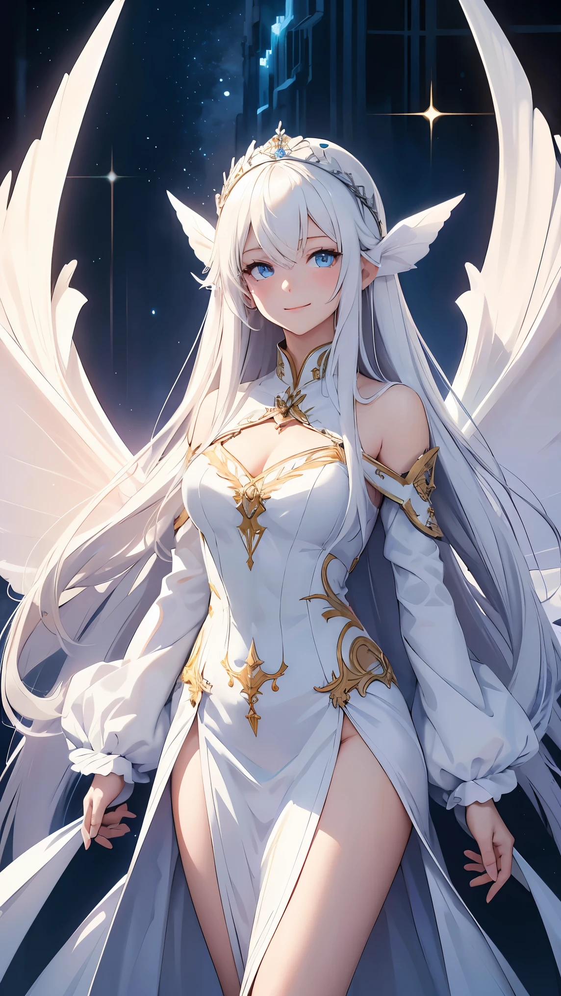 young girl, long white hair, blue eyes, white ich Closed Clothing, Masterpiece, highquality, high detail, HD, 4k. Facing front, looking at viewer, smiling. Goddess like long dress. With wings, fairy, Standing, able to see wings.