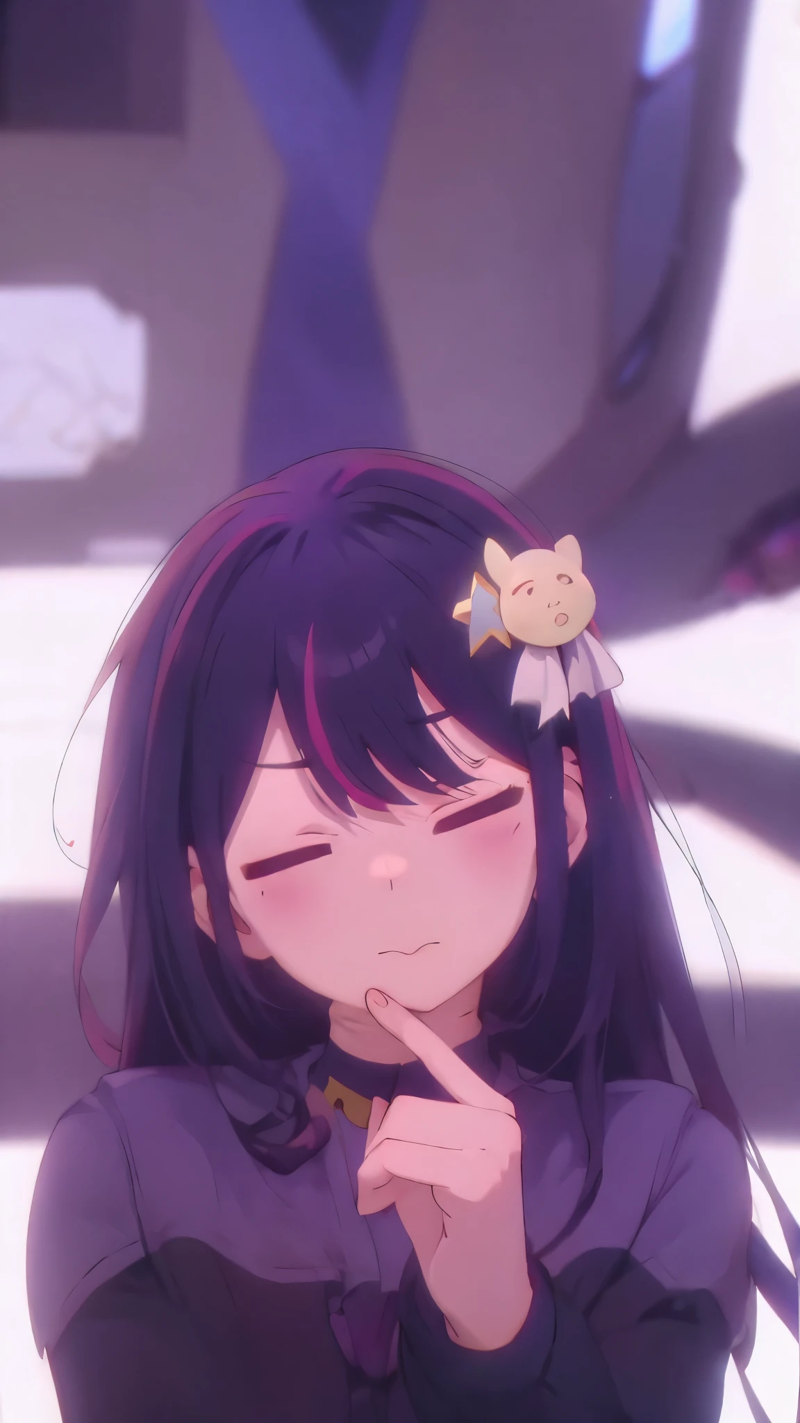 1 fullframe Hoshino Ai, long hair, purple hair, streaked hair ,purple eyes, star-shaped pupils, hair ornament, esyes closed hurt expression ds9st uniform