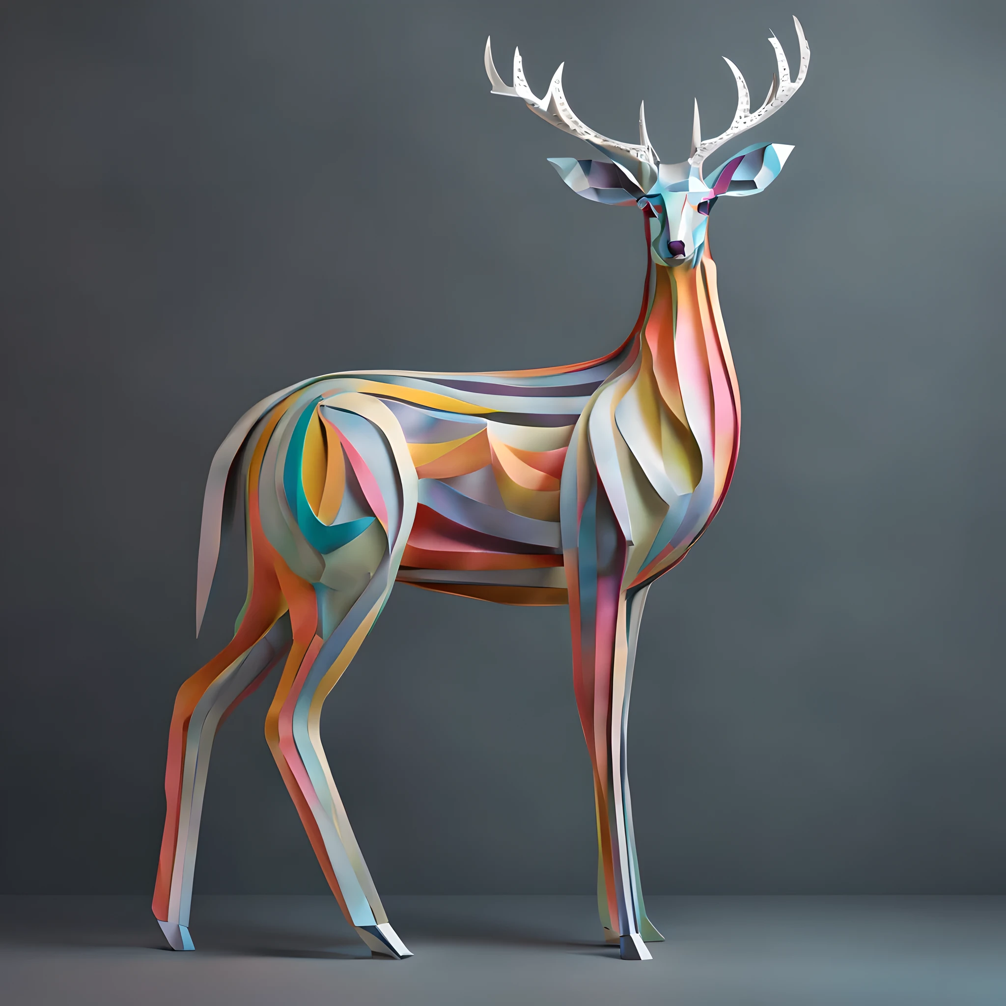 Giraffe paper sculpture close-up, Abstract sculptures by Peter Alexander Hay, multi count, new sculpture, Stylize for 3D rendering, Surreal hybrid animals, Depicted as 3D rendering, digital sculpture, 3d minimalistic art, stylized 3 d graphics, Rendering in Maya, Cycle4d rendering, stylized neon,A deer,simple background,dark gray background