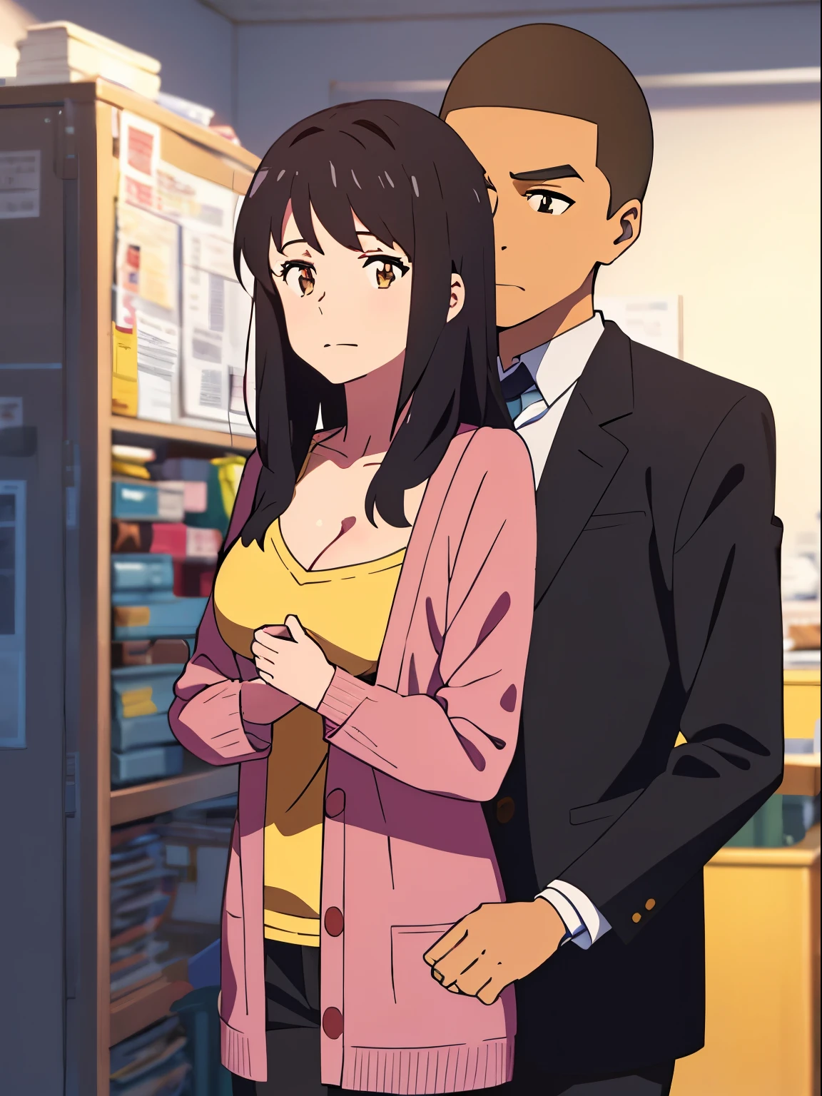 shinkai makoto, kimi no na wa., 1boy, buzzcut,office suit, boy caressing girl's body, boy is hugging from behind, ear biting 1girl, bangs, black hair, brown eyes, Twisted Half Up, red ribbon, long hair, long sleeve light pink cardigan, open shirt, yellow shirt, cleavage, breast, medium breast, storage room, indoors, masterpiece, perfect anatomy, cowboyshot