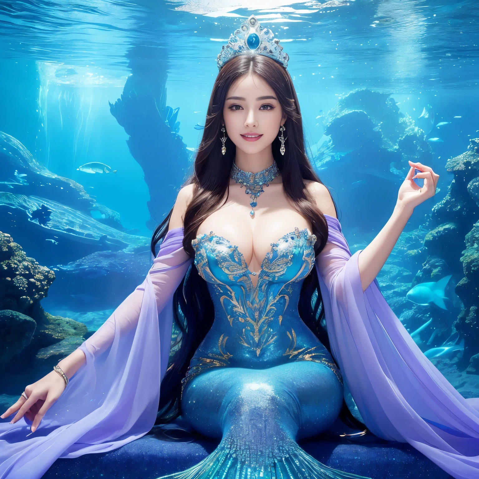(highest quality、table top、8K、best image quality、hyper realism)、(The most extravagant and extravagant mermaid goddess:1.2)、(The most extravagant and gorgeous mermaid princess:1.2)、(The most realistic and perfect mermaid tail and scales:1.2)、(The most realistic and perfect mermaid tail:1.3)、(The most luxurious and finest transparent sleeve:1.1)、(upper body photo:1.1)、(The wall of the room is a huge high quality aquarium:1.2)、(A huge, highly detailed aquarium of the highest quality:1.3)、(Surrounded by a huge aquarium of the highest quality:1.2)、(The highest quality aquarium with the most fantastic dome-shaped ceiling:1.2)、(Sitting gracefully on the most fantastic and finest throne:1.4)、(Sit on the most fantastic and finest shining throne:1.3)、(Detailed depiction of the most beautiful gigantic aquarium that shines fantastically:1.2)、(Surrounded by the most luxurious and fantastical huge purple and blue aquarium:1.2)、(Huge aquarium with the most detailed depiction of marine life:1.2)、(Sparkling purple and blue、Luxurious princess room with the most magical domed ceiling:1.2), (The most magical purple and blue sparkling finest room:1.2)、(Fantastic dome-shaped ceiling:1.1)、(the best smile when you look at me:1.25)、(Wavy brown hair:1.1)、Complex, Finely shining scales、(Finest Huge Jewelry Decoration:1.1)、The most gorgeous luxury princess costume、the most luxurious decoration、全身にComplex宝石が施されている、Please describe her face in detail、Giant tiara、Clear and detailed background、(Everything is a fantastic and glittering background:1.1)、(accurate anatomy:1.1)、(The most luxurious and huge finest jewelry decoration:1.1)、(Princess room with the most fantastic and luxurious giant aquarium:1.1)