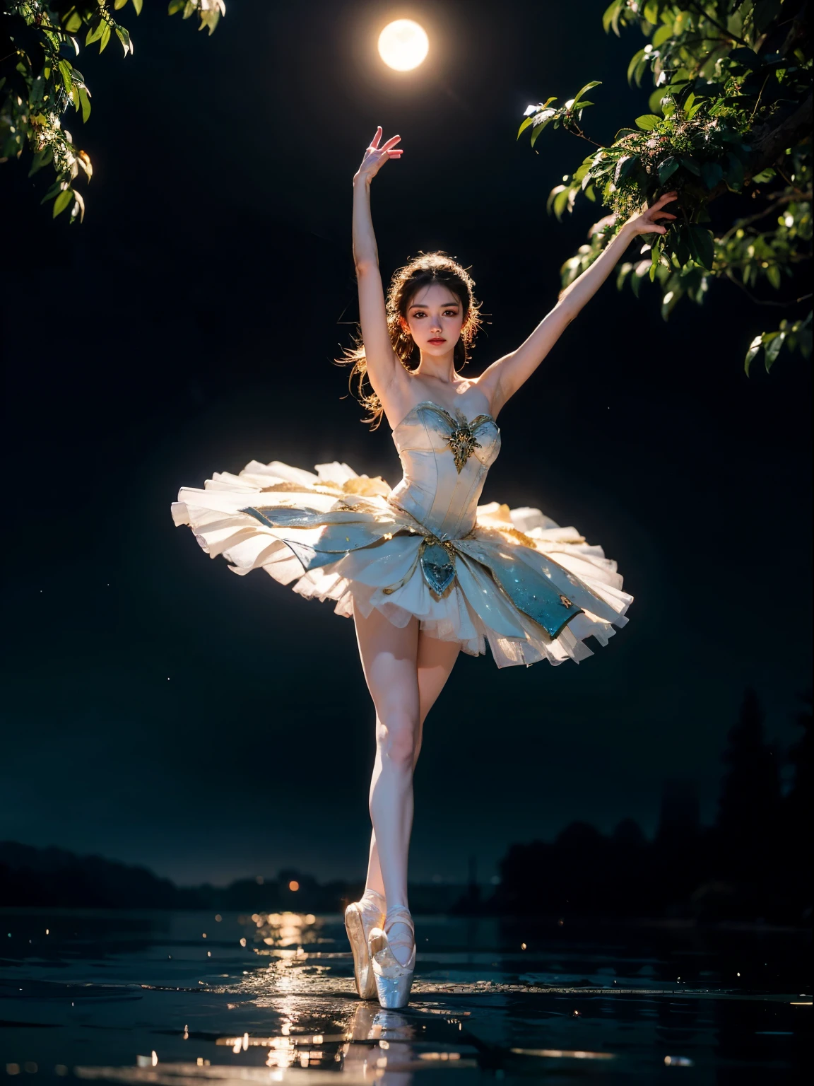 fantasy, high quality, 8K, realistic,photo realistic,RAW photo,photography,High resolution, ultra-definition, highest quality,Dramatic lighting, glitter effect, from below, midnight, moonlight, ballet、Swan Lake、ballet swan lake、Lake in the deep forest、I can see the castle in the distance、full body、break, A prima donna girl gracefully dances ballet in the moonlight on a mysterious lake.、swan pose、Lonely、1 girl、((luxurious and delicate white tutu)),semi-long hair,black hair,black eyes、beautiful feet、Ballet Pointe Shoes, Peeking from below、Straddling the camera、