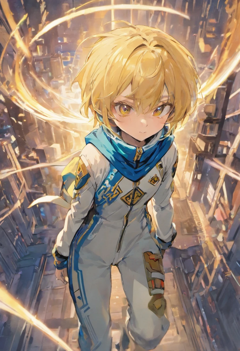Anime characters,Game CG,8K quality,((young boy)),Youthful feeling,Anime male protagonist,silver hair blue dye,short,straight hair,Squint viewing angle,wing,goggles,((White and gold jumpsuits)),fingerless gloves,(Racing boots),flight,whole body image,Tech city,scarf,Fingers are normal,angelic
