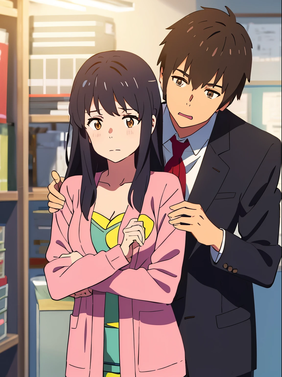 shinkai makoto, kimi no na wa., 1boy, buzzcut,office suit, boy caressing girl's body, boy is hugging from behind, ear biting 1girl, bangs, black hair, brown eyes, Twisted Half Up, red ribbon, long hair, long sleeve light pink cardigan, open shirt, yellow shirt, cleavage, breast, medium breast, storage room, indoors, masterpiece, perfect anatomy, cowboyshot