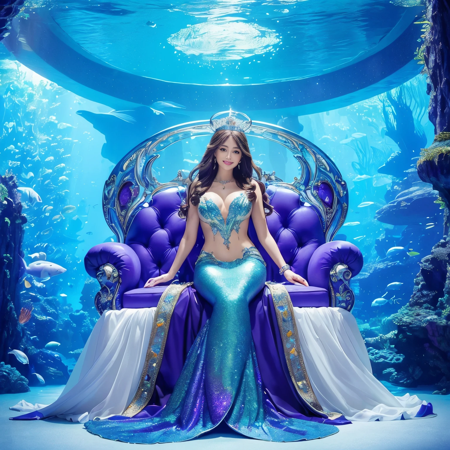 (highest quality、table top、8K、best image quality、hyper realism)、(The most extravagant and extravagant mermaid goddess:1.2)、(The most extravagant and gorgeous mermaid princess:1.2)、(The most realistic and perfect mermaid tail and scales:1.2)、(The most realistic and perfect mermaid tail:1.3)、(The most luxurious and finest transparent sleeve:1.1)、(Sitting on the most luxurious and high-end giant bed:1.25)、(upper body photo:1.1)、(The wall of the room is a huge high quality aquarium:1.2)、(A huge, highly detailed aquarium of the highest quality:1.3)、(Surrounded by a huge aquarium of the highest quality:1.2)、(The highest quality aquarium with the most fantastic dome-shaped ceiling:1.2)、(Detailed depiction of the most beautiful gigantic aquarium that shines fantastically:1.2)、(Surrounded by the most luxurious and fantastical huge purple and blue aquarium:1.2)、(Huge aquarium with the most detailed depiction of marine life:1.2)、(Sparkling purple and blue、Luxurious princess room with the most magical domed ceiling:1.2), (Glowing room made of the most magical purple and blue sparkling crystals:1.3)、(There are many beautiful corals and shells in the room.)、(the best smile when you look at me:1.2)、Wavy brown hair、Complex, Finely shining scales、(Finest Huge Jewelry Decoration:1.1)、The most gorgeous luxury princess costume、the most luxurious decoration、全身にComplex宝石が施されている、Please describe her face in detail、Giant tiara、Clear and detailed background、(Everything is a fantastic and glittering background:1.1)、(accurate anatomy:1.1)、(The most luxurious and huge finest jewelry decoration:1.1)
