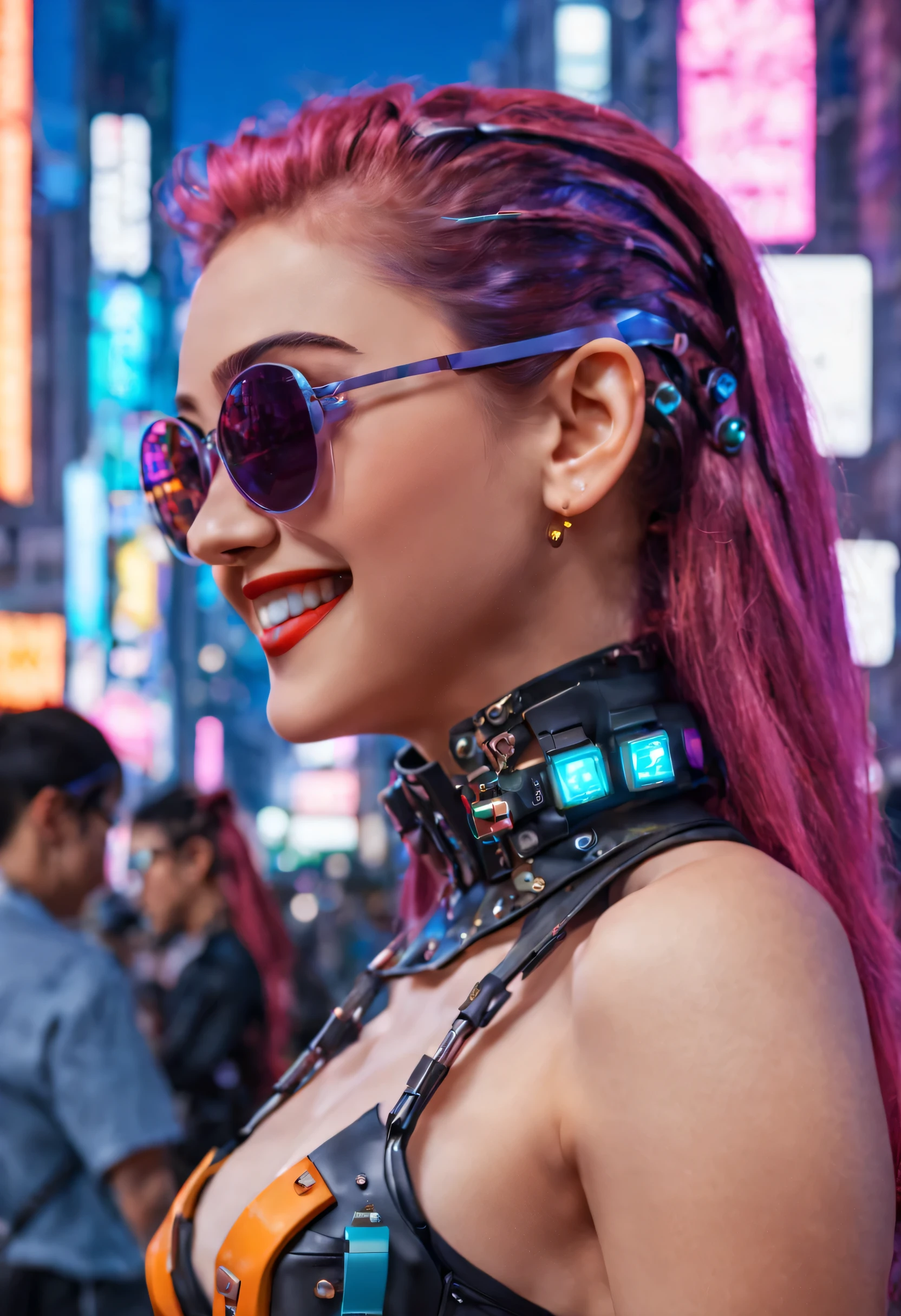 masterpiece, best quality, ((smiling)) cyberpunk girls standing, sunglasses,  side view, Harajuku-inspired cyberpunk body harness, bold colors and patterns, eye-catching accessories, trendy and innovative hairstyle, dazzling Cyberpunk cityscape, skyscrapers, glowing neon signs, LED lights, anime illustration, detailed skin texture, detailed cloth texture, beautiful detailed face, intricate details, ultra detailed, cinematic lighting, strong contrast. INFO