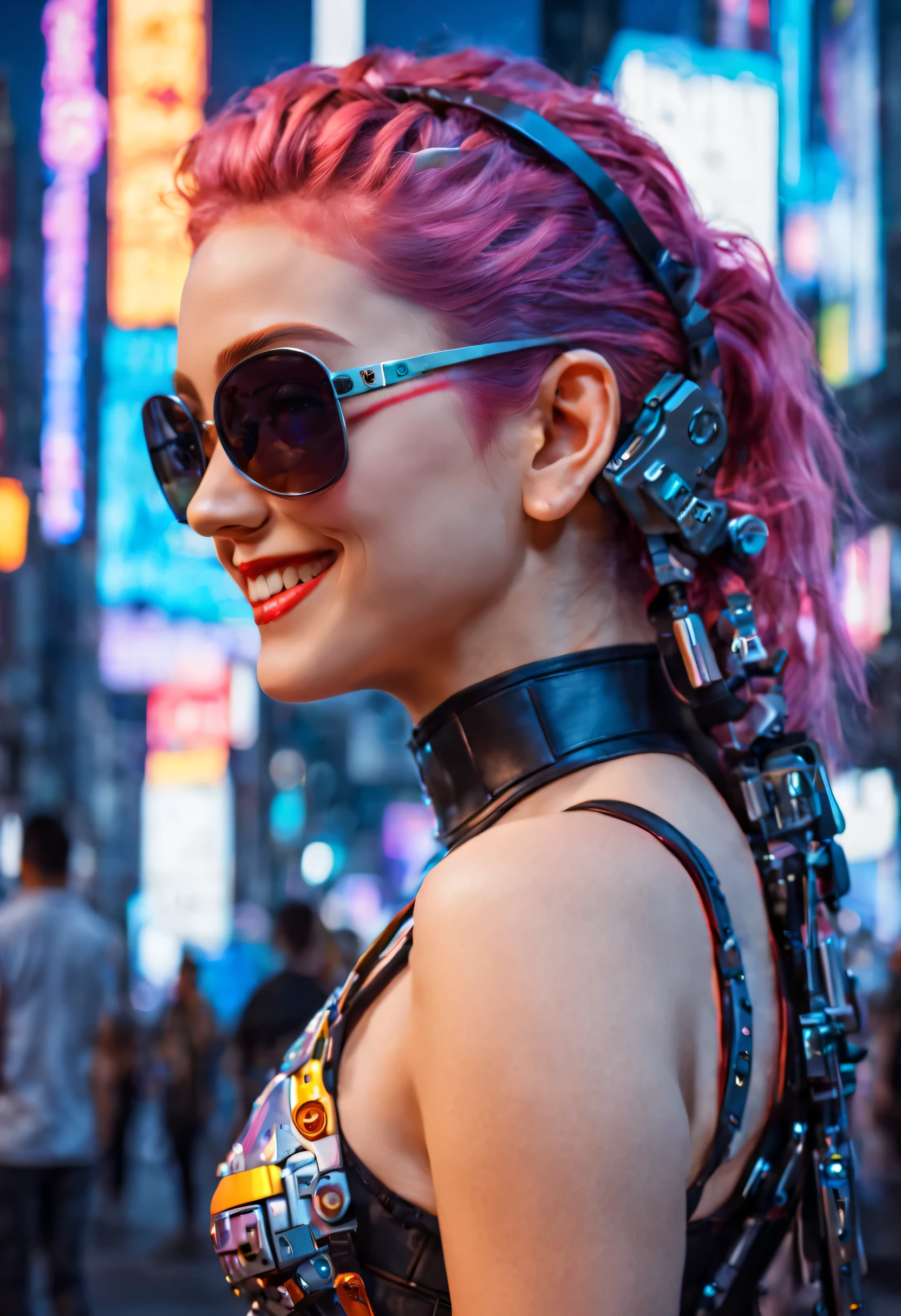 masterpiece, best quality, ((smiling)) cyberpunk girls standing, sunglasses,  side view, Harajuku-inspired cyberpunk body harness, bold colors and patterns, eye-catching accessories, trendy and innovative hairstyle, dazzling Cyberpunk cityscape, skyscrapers, glowing neon signs, LED lights, anime illustration, detailed skin texture, detailed cloth texture, beautiful detailed face, intricate details, ultra detailed, cinematic lighting, strong contrast. INFO
