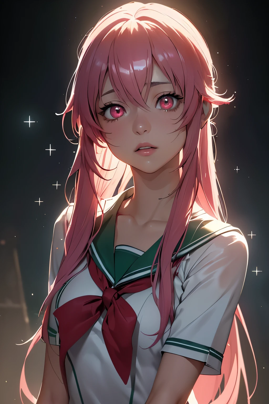 (((1girl))), (((Waifu, Mirai Nikki, Yuno Gasai Waifu))), (((Hot Pink Hair, Long Hair))), ((Blood Red Eyes eyes:1.3, Upturned Eyes: 1, Perfect Eyes, Beautiful Detailed Eyes, Gradient eyes: 1, Finely Detailed Beautiful Eyes: 1, Symmetrical Eyes: 1, Big Highlight On Eyes: 1.2)), (((Lustrous Skin: 1.5, Bright Skin: 1.5, Skin Fair, Shiny Skin, Very Shiny Skin, Shiny Body, Plastic Glitter Skin, Exaggerated Shiny Skin, Illuminated Skin))), (Detailed Body, (Detailed Face)), (Best Quality), (((School Uniform, Green Sailor Seifuku, Bloodstained))), Yandere, High Resolution, Sharp Focus, Ultra Detailed, Extremely Detailed, Extremely High Quality Artwork, (Realistic, Photorealistic: 1.37), 8k_Wallpaper, (Extremely Detailed CG 8k), (Very Fine 8K CG), ((Hyper Super Ultra Detailed Perfect Piece)), (((Flawless Masterpiece))), Illustration, Vibrant Colors, (Intricate), High Contrast, Selective Lighting, Double Exposure, HDR (High Dynamic Range), Post-processing, Background Blur, Inky Shadows, Darker Shadows, Thick Shadows, High Quality Shadows, high detail, realistic, Cinematic Light, sidelighting, Lens Flare, Ray tracing, sharp focus,
