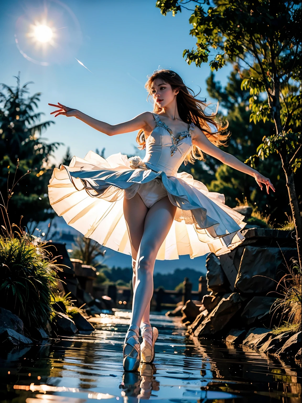 fantasy, high quality, 8K, realistic,photo realistic,RAW photo,photography,High resolution, ultra-definition, highest quality,Dramatic lighting, glitter effect, from below, midnight, moonlight, ballet、Swan Lake、ballet swan lake、Lake in the deep forest、I can see the castle in the distance、full body、break, A prima donna girl gracefully dances ballet in the moonlight on a mysterious lake.、swan pose、Lonely、1 girl、((luxurious and delicate white tutu)),semi-long hair,black hair,black eyes、beautiful feet、Ballet Pointe Shoes, Peeking from below、Straddling the camera、