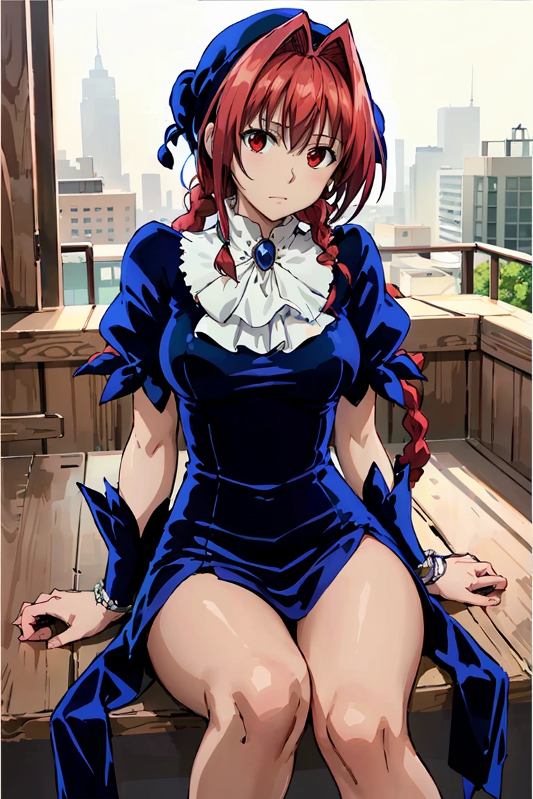 masterpiece, highest quality,High resolution,Dorothy, redhead,red eyes,Braid,  cowboy shot, sitting,