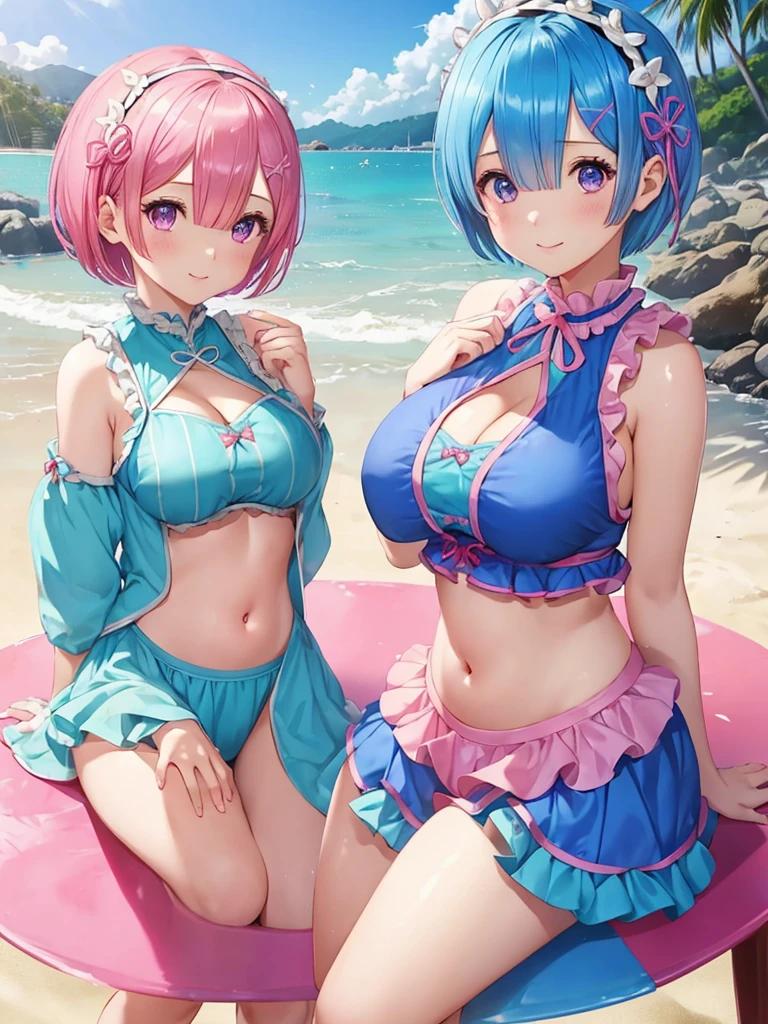 masterpiece, highest quality, Super detailed, Re:zero,2 girls(Rem,blue hair,short hair)(rum,pink hair,short hair),innocent smile,attractive, cute,cheongsam clothing,with ruffles, attractive,  stylish, glamorous, shine,adorable,  wonderful , ((Beachy)),  cute, cleavage,belly button,