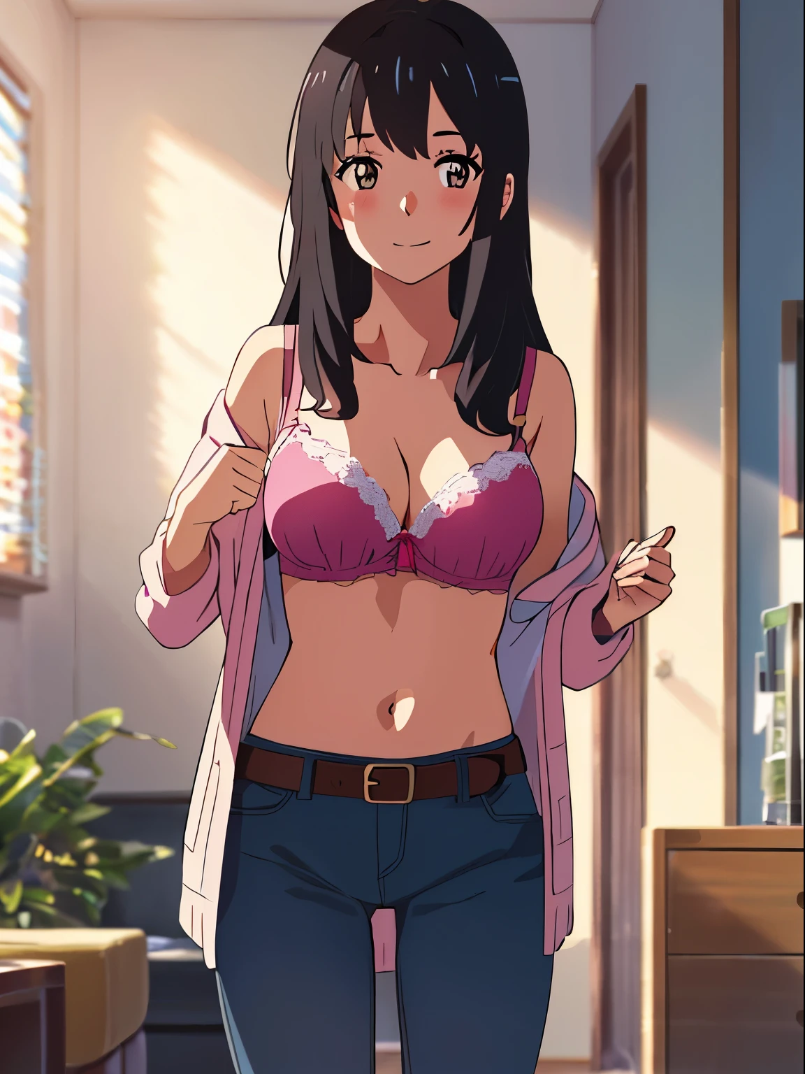 shinkai makoto, kimi no na wa., POV (pov viewer's hands unbuttoning girl's shirt),1girl, bangs, black hair, brown eyes, worried eyes, open mouth, twisted half up, red ribbon, long hair, long sleeve light yellow cardigan, open shirt, white shirt, unbuttoned, medium breast, pink bra, navel, collarbone, blue pants, looking at the viewer, arms up, lying, lying on wall, upper body, masterpiece, perfect anatomy, cowboyshot , POV (pov viewer's hands unbuttoning girl's shirt)