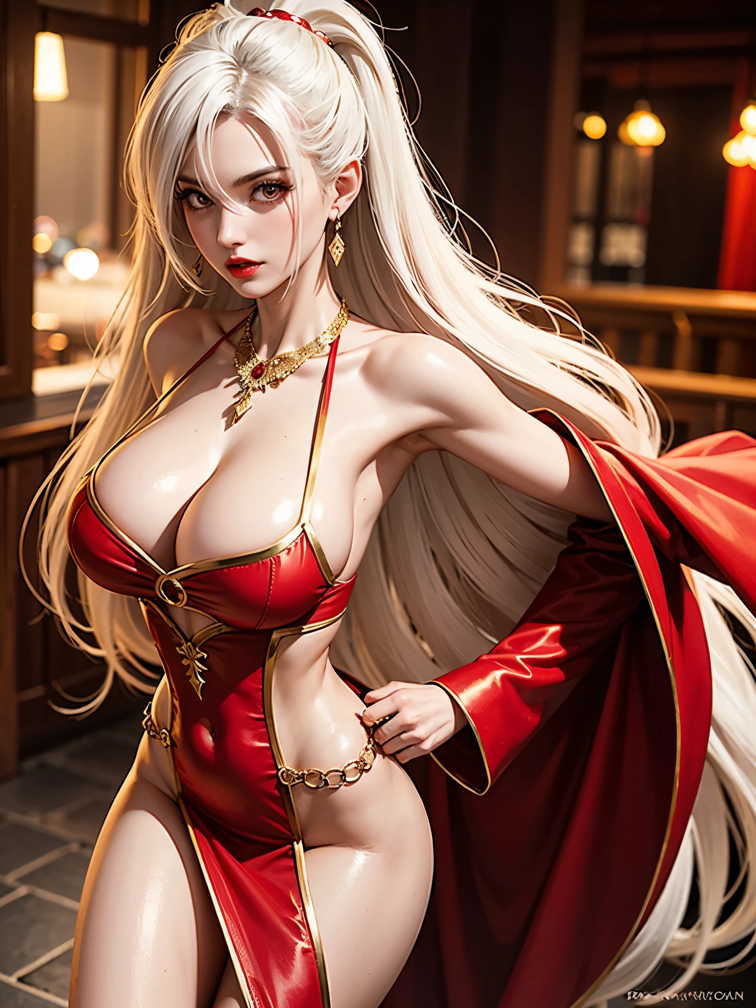 best quality, masterpiece, high res,8k, 26 year old woman, beautiful face, fair skin, long flowing white hair, red eyes, red lips,button nose,perfect body, curvatious body, huge breasts, slim waist, toned abs, wide hips, bubble butt, toned arms, toned legs, long flowing red cape dress with plunging neckline high leg slit and gold accents, thin necklace,