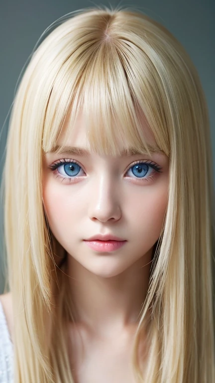 highest quality, masterpiece, (reality: 1.2), one blonde 14 year old girl, Super long, dazzling, beautiful blonde hair, Very beautiful bright light blue eyes, Front view, detailed face, Very big eyes with beautiful bangs between the eyes、blonde hair above the eyes、片blonde hair above the eyes、blonde between the eyes、white beautiful skin、Shiny skin、gross face、cheek gloss、small face beautiful girl、