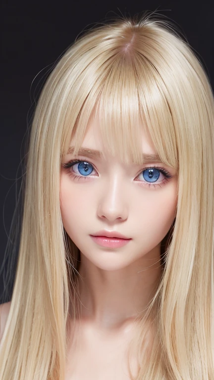 highest quality, masterpiece, (reality: 1.2), one blonde 14 year old girl, Super long, dazzling, beautiful blonde hair, Very beautiful bright light blue eyes, Front view, detailed face, Very big eyes with beautiful bangs between the eyes、blonde hair above the eyes、片blonde hair above the eyes、blonde between the eyes、white beautiful skin、Shiny skin、gross face、cheek gloss、small face beautiful girl、