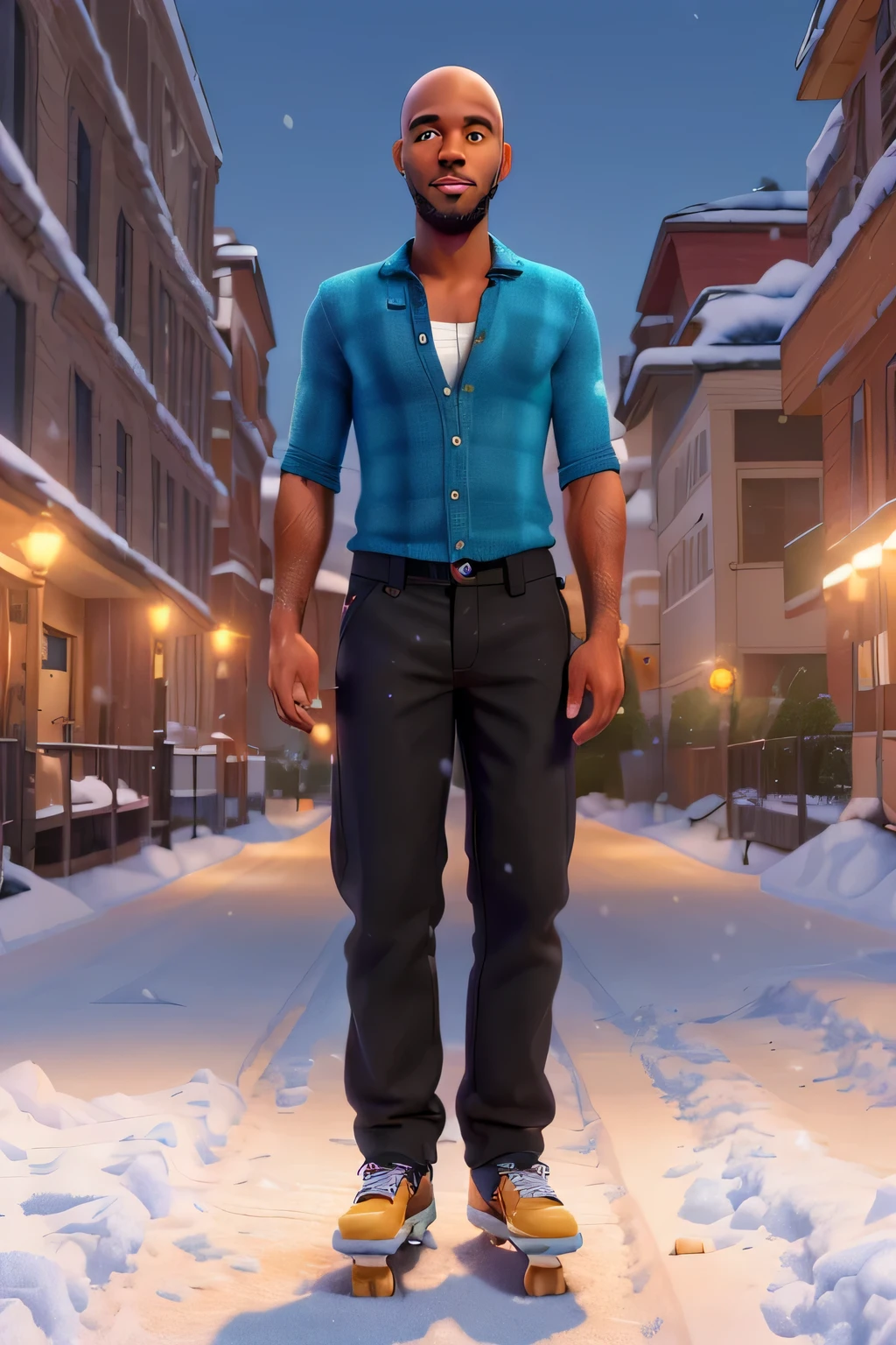 A cute 30-year-old black man standing on a skateboard in snow weather, 2 hands keep the gap from the body, No hair on his head, Artistic, Conceptual Art, Glow, UHD, Retina, Masterpiece, Accurate, Anatomically Correct, Ultra Detailed, High Detail,