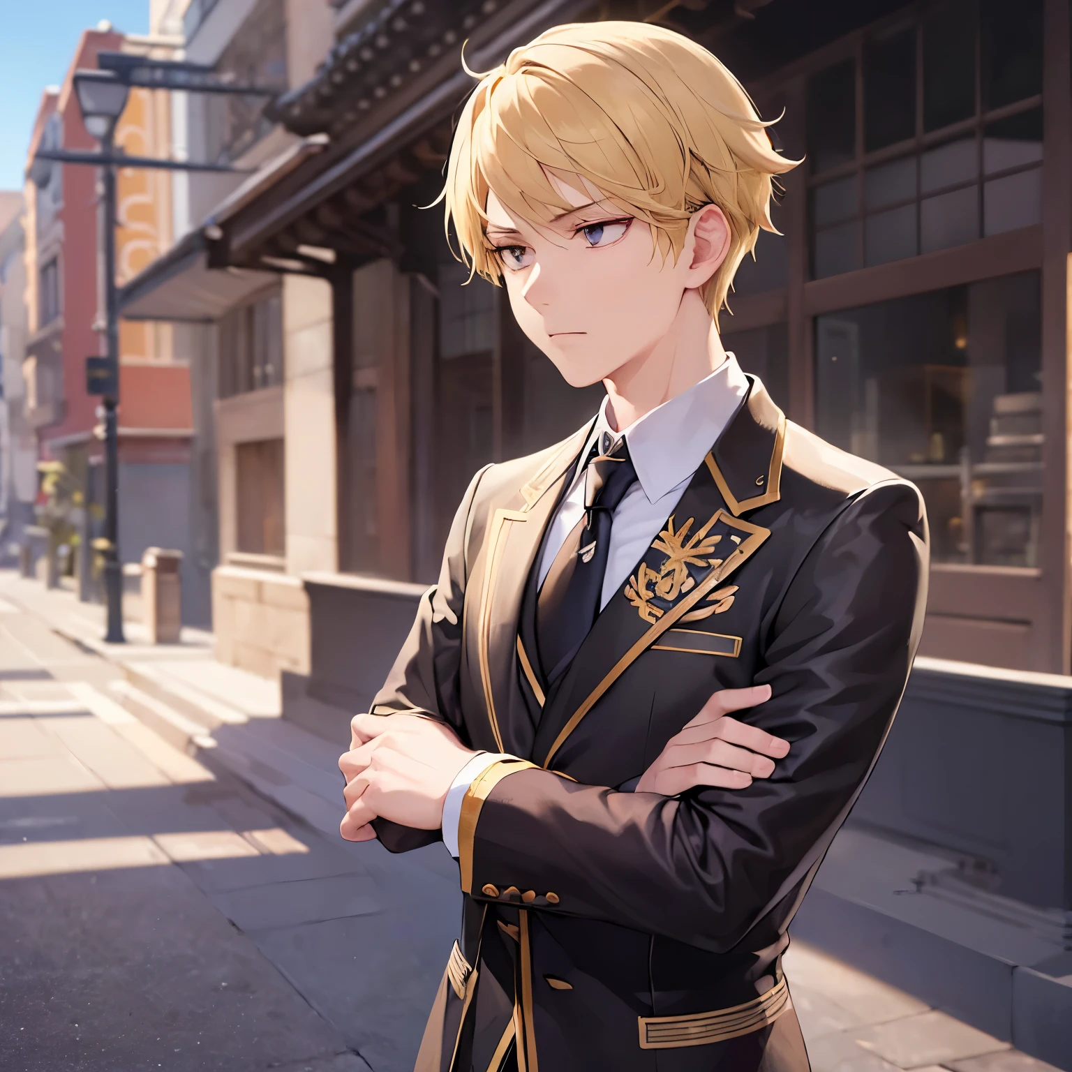 1boy,18s,short hair,blonde hair,smile,solo,(no background, simple background),red necktie,black jacket, blazer,long sleeves,pants,upper body,black Blindfold