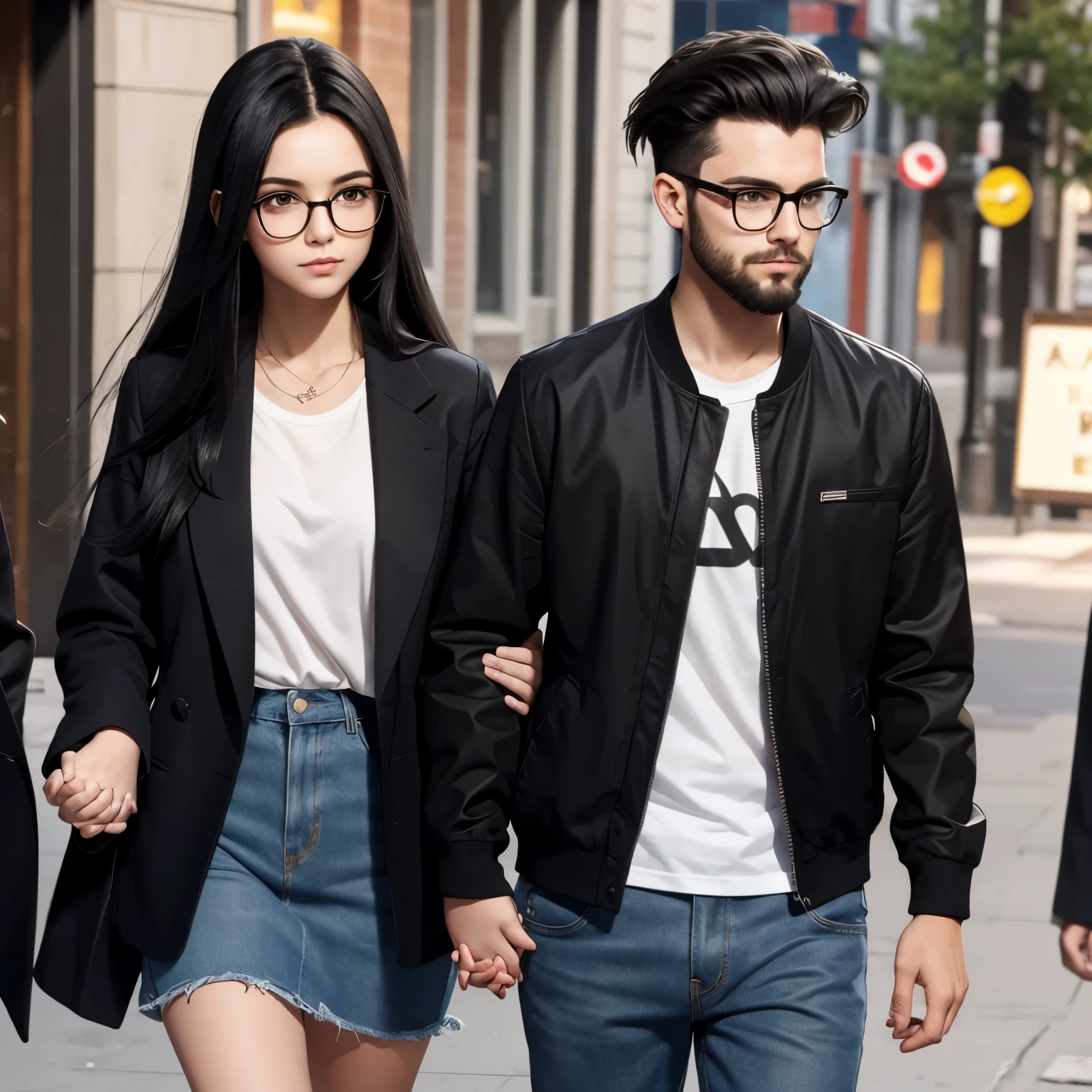 A girl with long straight black hair holding the hand of a boy with a quiff hair, short beard and glasses 