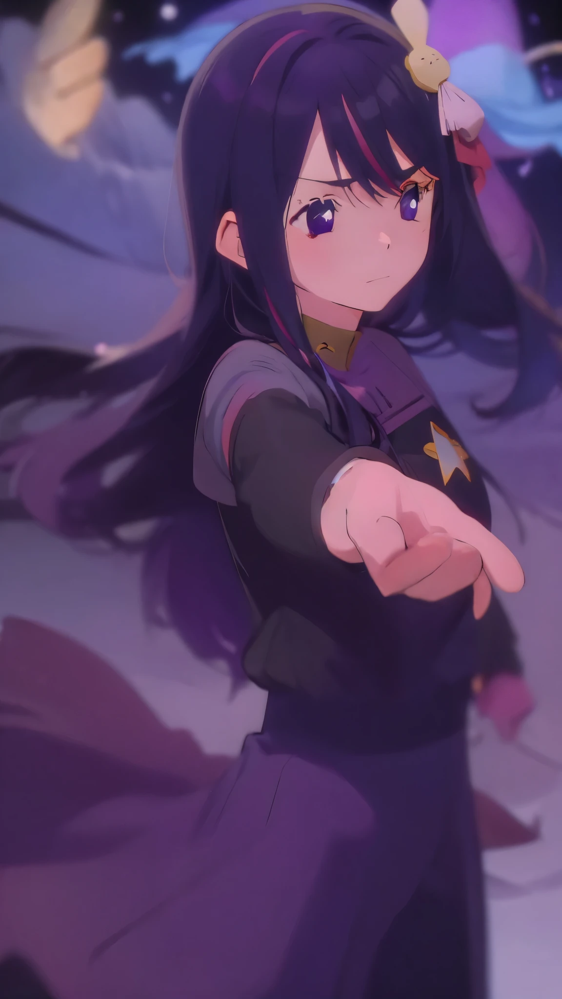 1 fullframe Hoshino Ai, long hair, purple hair, streaked hair ,purple eyes, star-shaped pupils, hair ornament, esyes closed hurt expression ds9st uniform