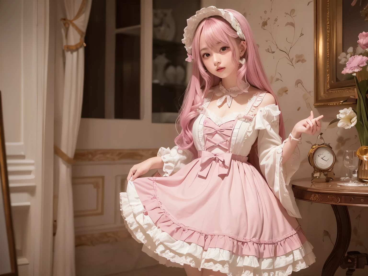 Wearing a pink ta dress,cute girly,Lie down in bed,Lift your skirt yourself,Real Human,Hands in panties