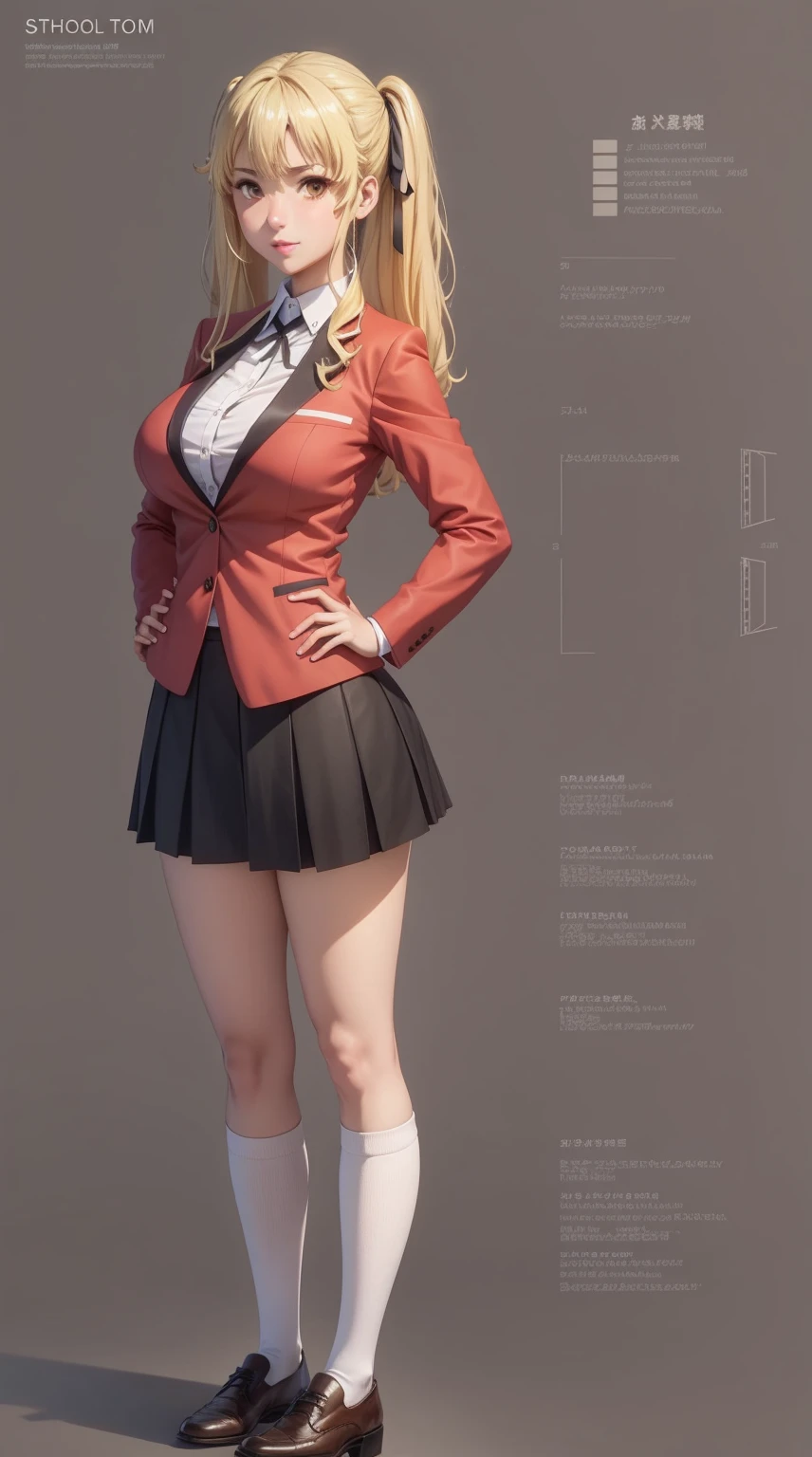 girl, solo, full body, from head to toe, standing, (Huge_Breasts:1.3), wearing a short skirt (weight: 1.5),

Character Design Sheet, character reference sheet, character turn around,

saotome mary, school uniform, red jacket, twintails, blonde hair

a girl with blonde hair standing in front of a Character Design Sheet background, 1girl, solo, skirt, jacket, school uniform, twintails, blonde hair, hand on hip, shirt, red jacket, white shirt, full body, long hair, black ribbon, looking at viewer, pleated skirt, ribbon, smile, black skirt, yellow eyes, blazer, brown footwear, socks, collared shirt,