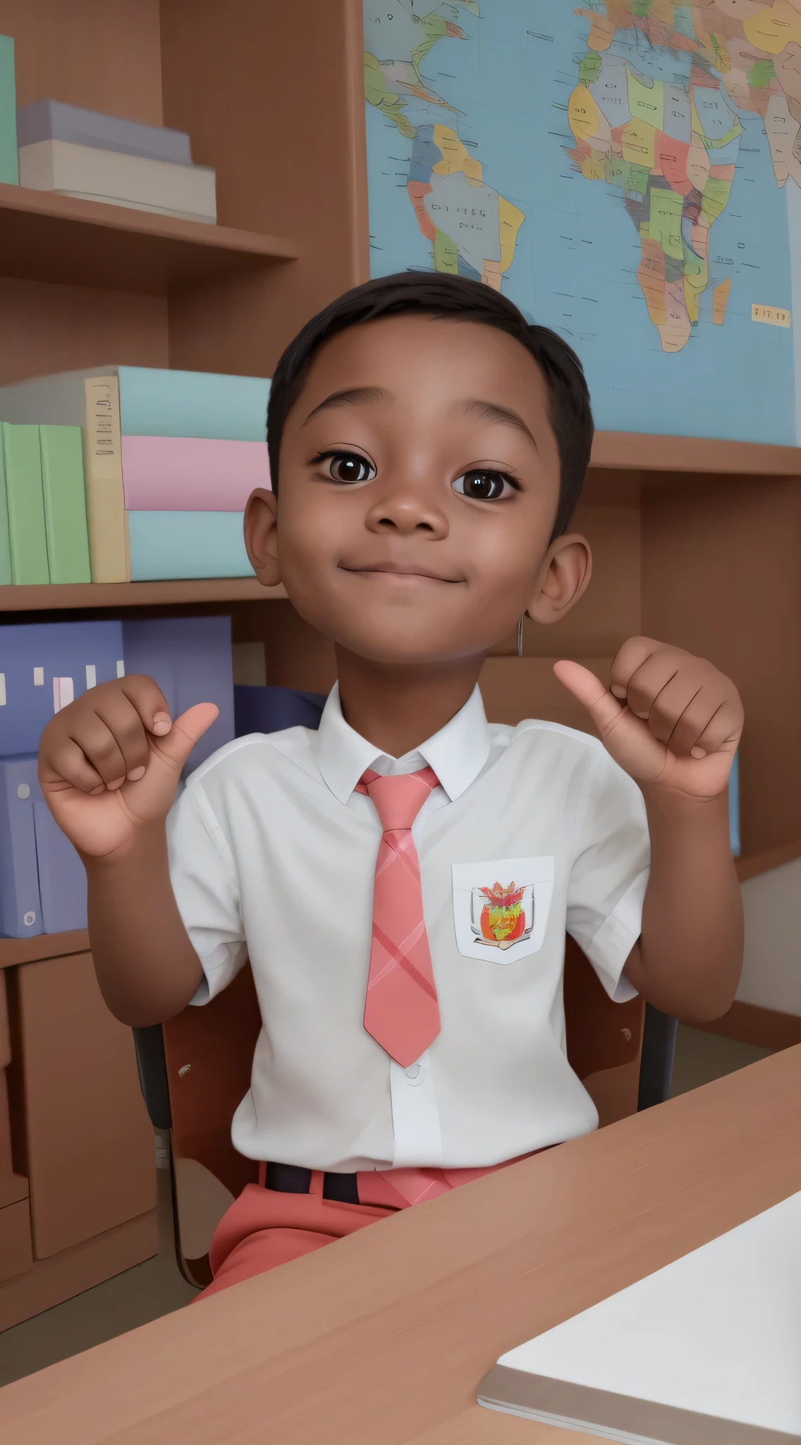 cartoon character of a boy in a school uniform sitting at a desk and hand thumb up, face look creepy ugly, face look dark, close up character, animation character, more realistic and creepy, not smile